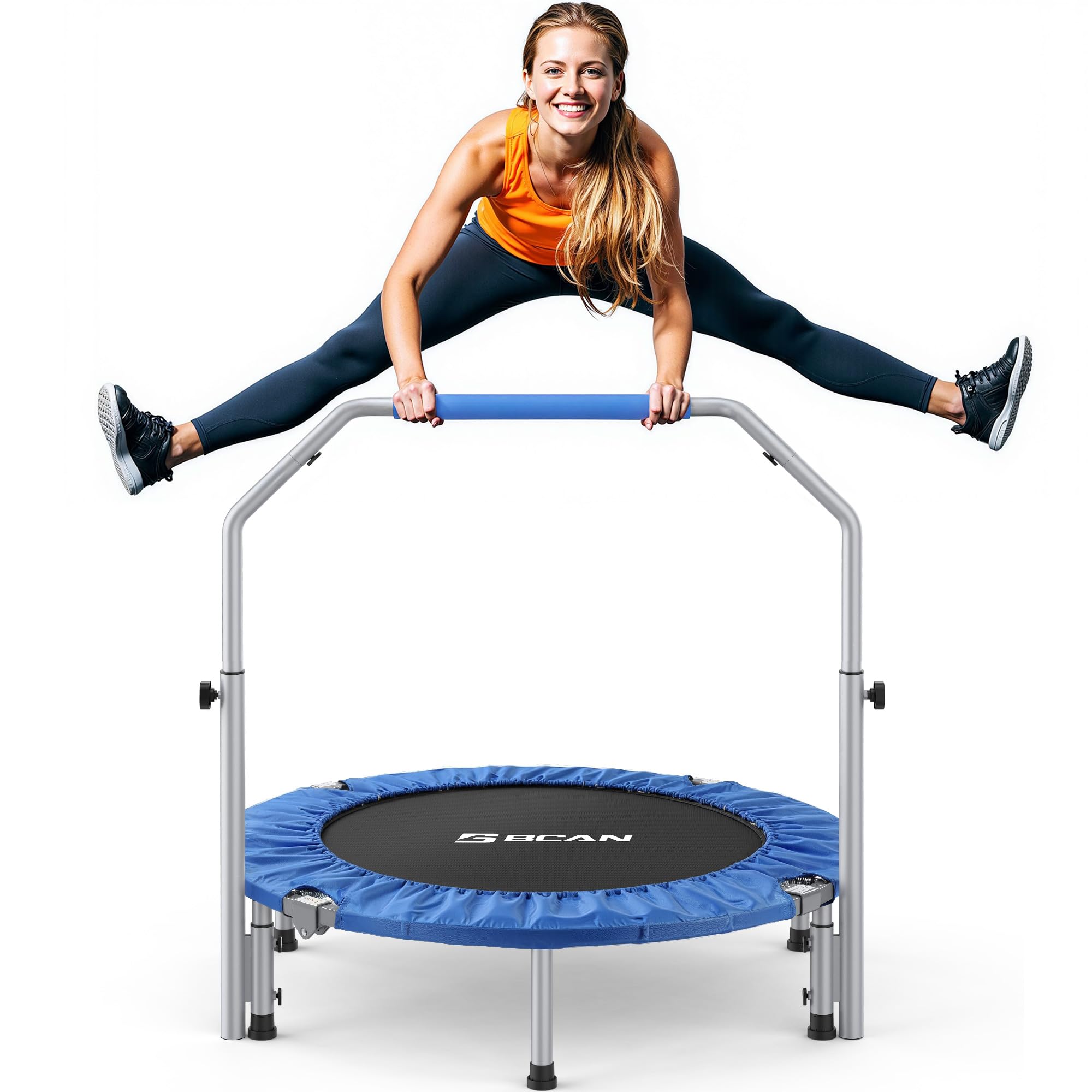 'BCAN 40/48'' Foldable Mini Trampoline Max Load 330lbs/440lbs, Fitness Rebounder with Adjustable Foam Handle, Exercise Trampoline for Adults Indoor/Garden Workout'