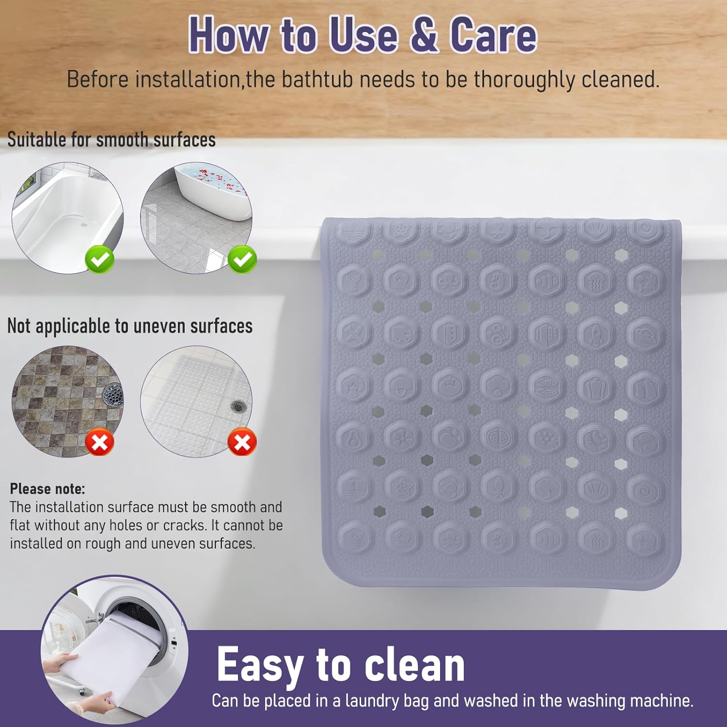 Bath Mat for Tub Non Slip 35*16 In, Silicone Anti Slip Shower Mat Bathtub Acupressure Relief for Kids Elderly Machine Washable with Antislip Textured Safety Strong Suction Cups & Drain Holes Easy Dry