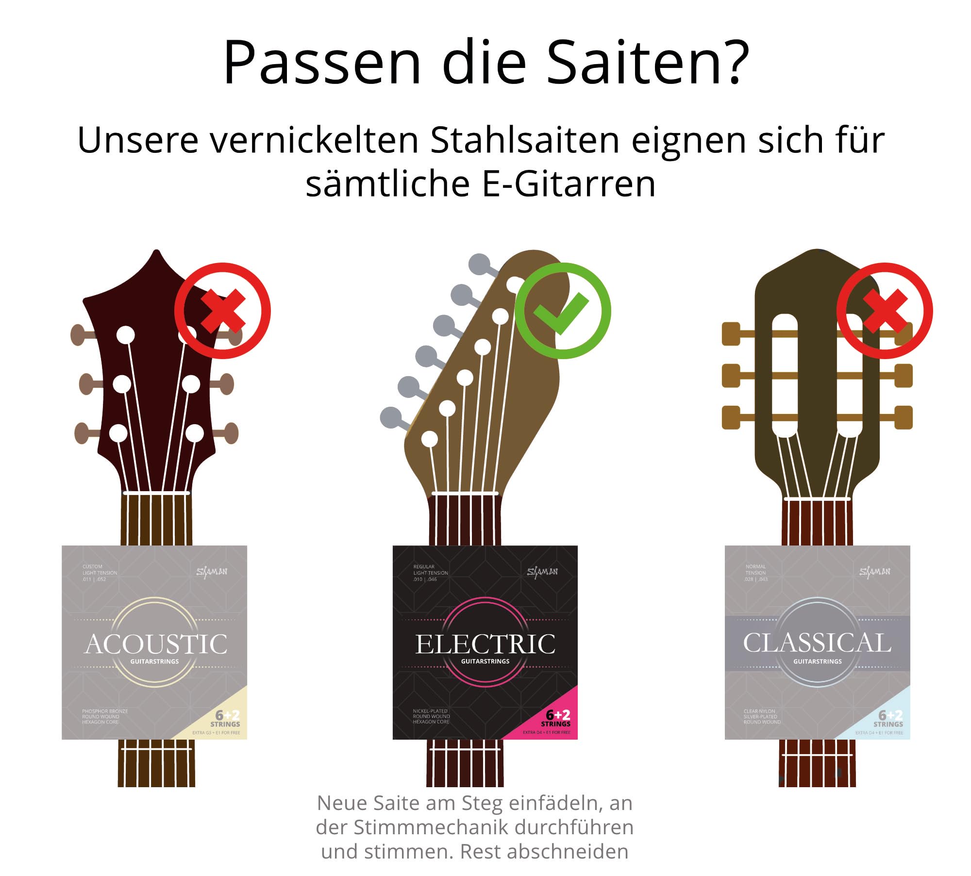 Shaman Electric Saiten für E-Gitarre inkl. 2 Ersatzsaiten und 3 Plektren | Kompletter Saitensatz für E-Gitarre, Custom Light Tension (.010, .013, .017, .026, .036 und .046), Alle Saiten mit Ball End