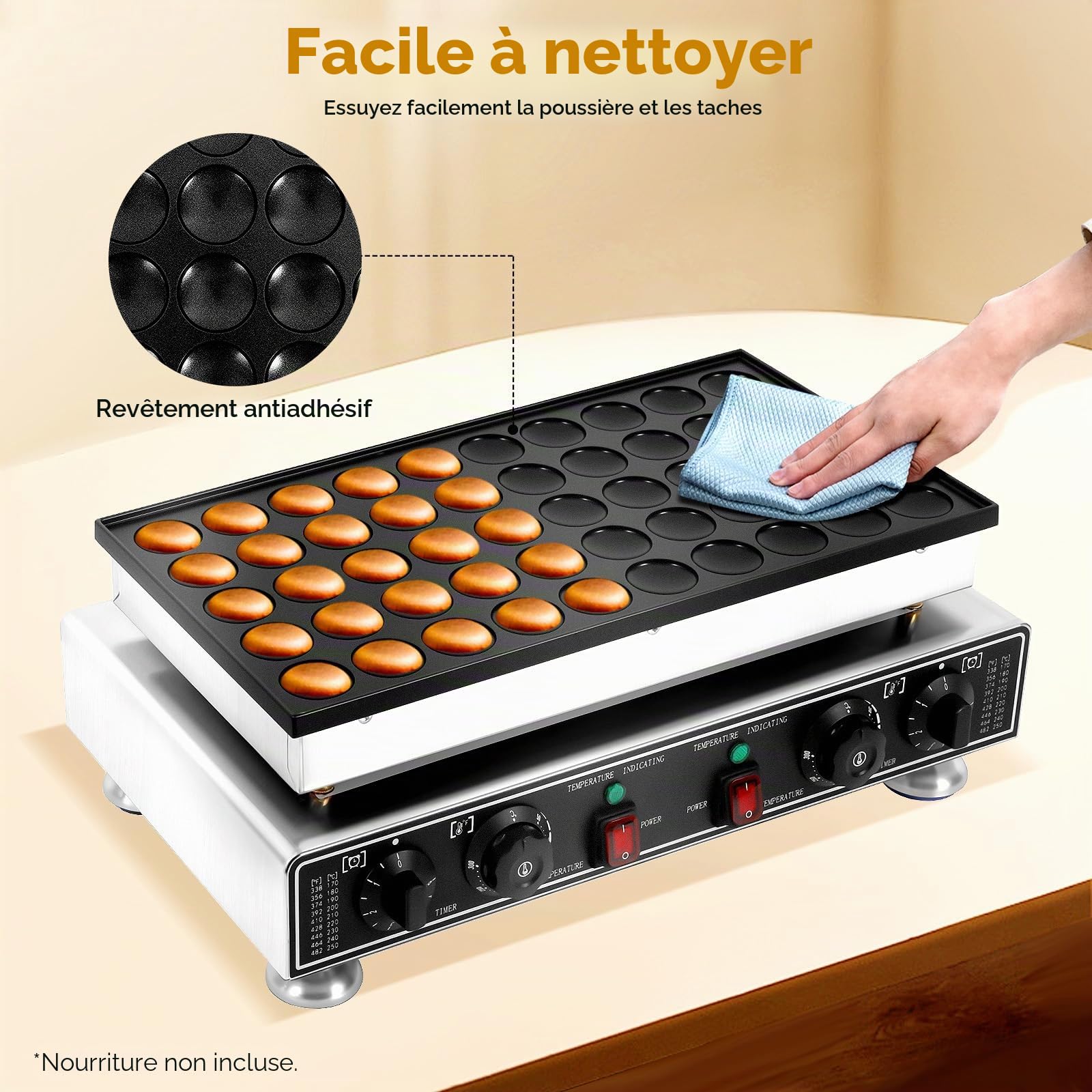 Machine à pancakes à 50 trous avec fouet, 4 éponges de nettoyage et 2 brosses, machine à crêpes à muffins pour cuisine et restaurant, 50-300 °C
