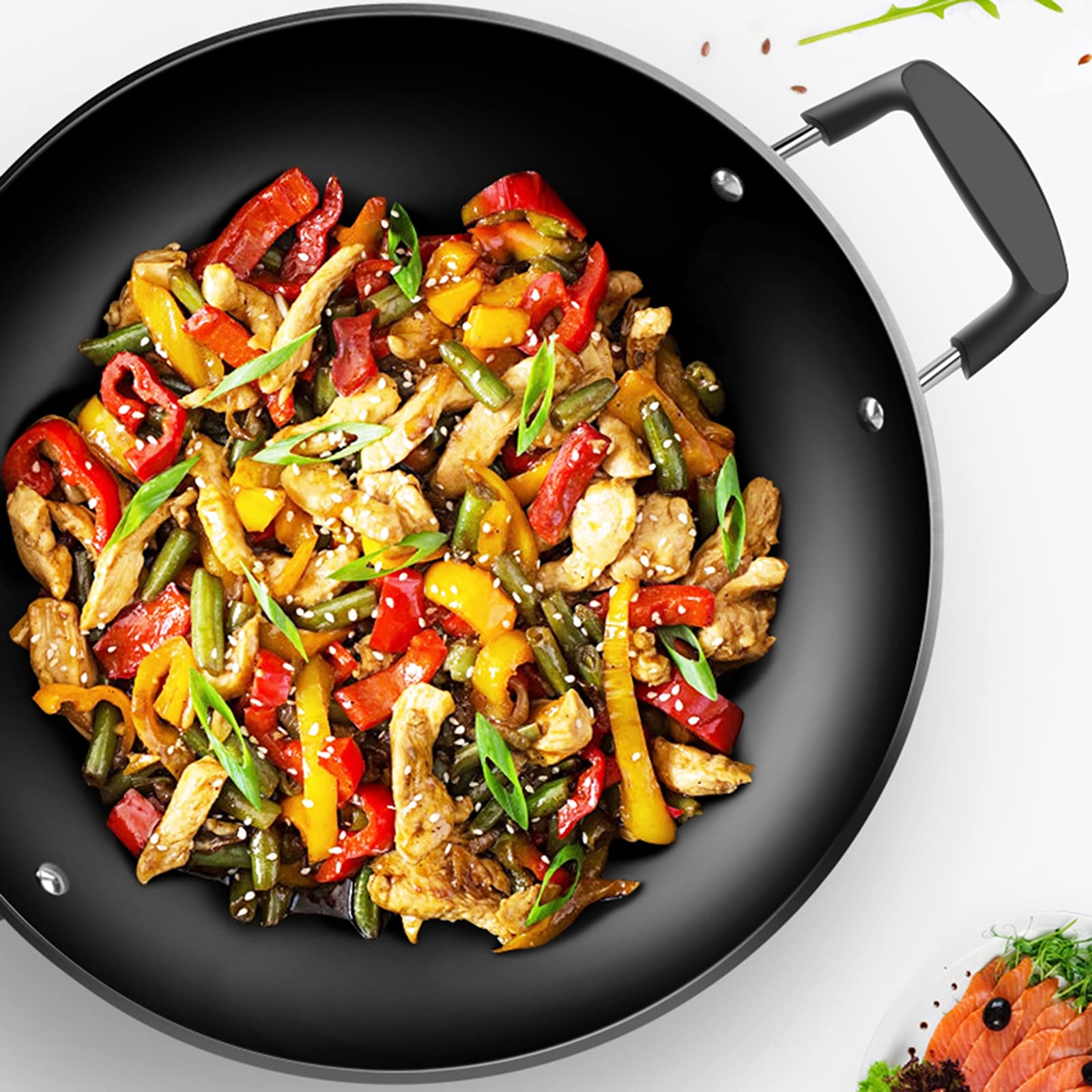 AIZYR Wok De Hierro De Fondo Plano para El Hogar con Mango De Madera Y Tapa De Vidrio para Estufas Eléctricas, De Inducción Y De Gas,42cm