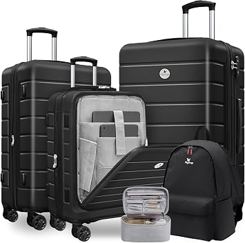 KEYTANG Classic Luggage Set Lightweight Hardside Suitcase TSA Lock Spinner Wheels, 20" Expandable Carry-On Luggage with Front Open Pocket, Bonus Travel Backpack & Makeup Bag, 20/24/28 inch, Black