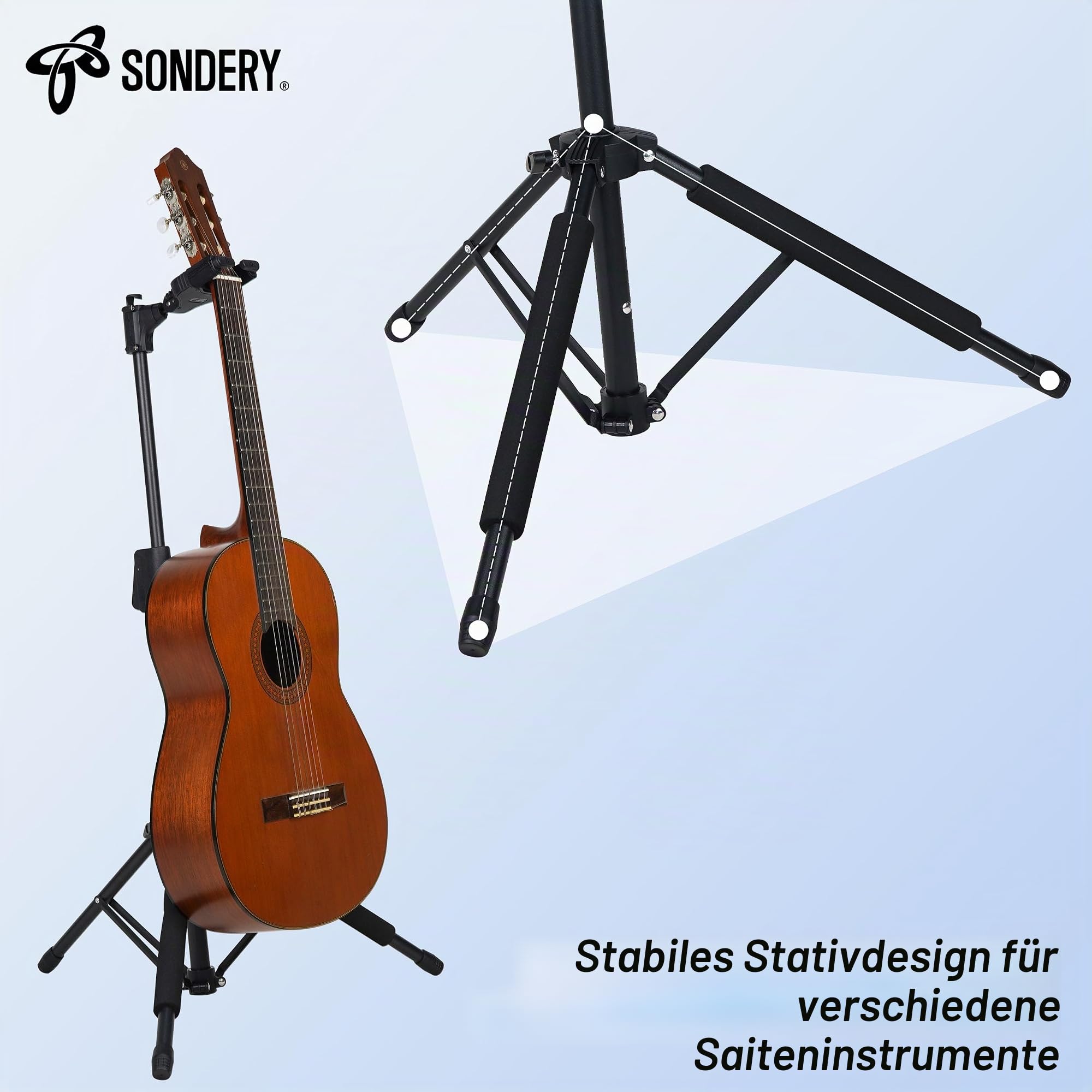Sondery Gitarrenständer - Klappbar, Höhenverstellbar, Selbstsperrendes Dreibein - Für alle Oberflächen