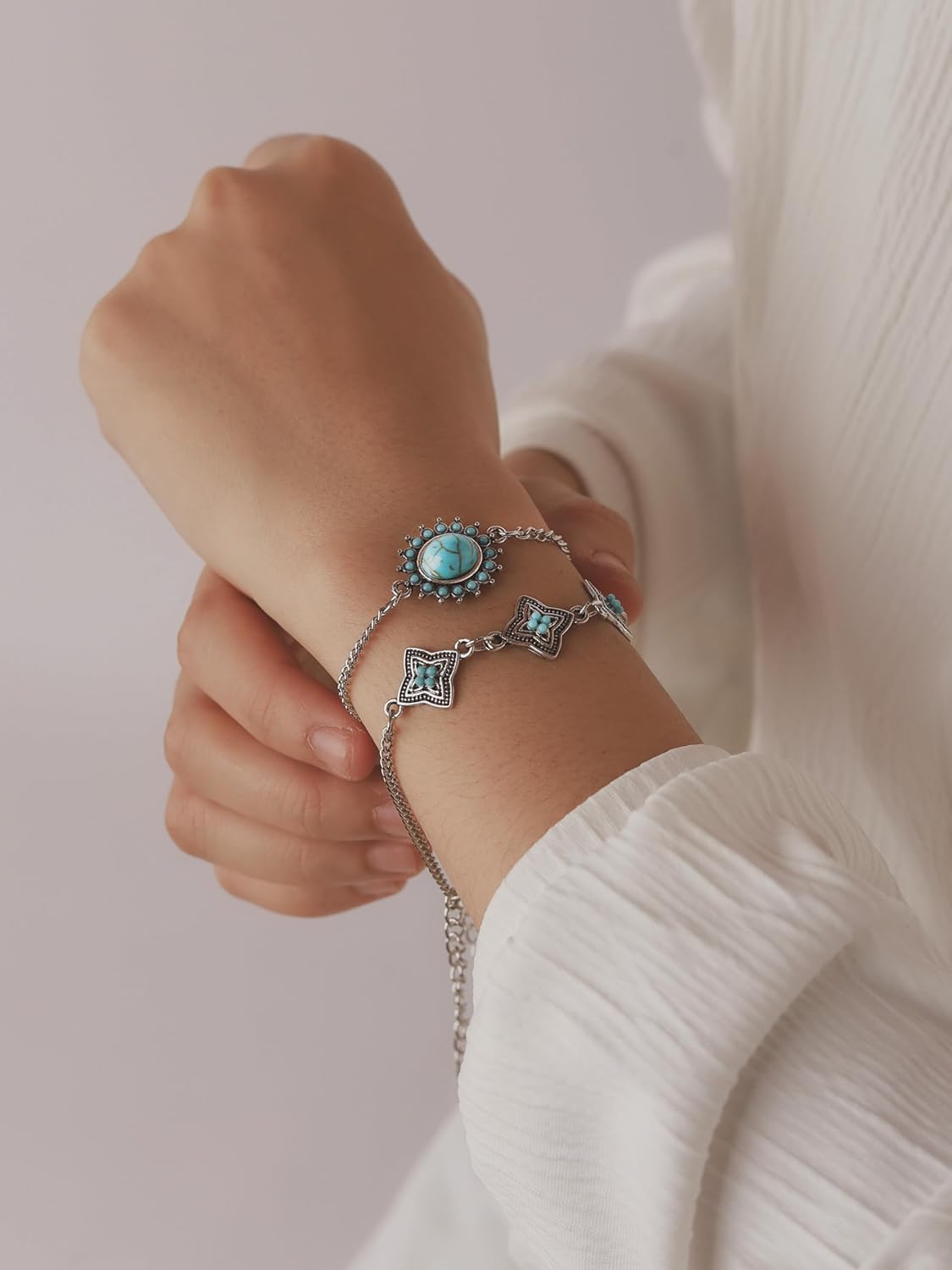MINACHI Bohemian Set Bracelet For Women - Silver Plated Alloy, Created Turquoise Bracelet Set - Gift for Mother's Day - Image 3