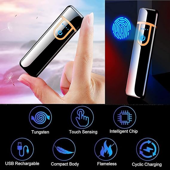 Electronic USB Rechargeable Lighter - Mini Creative Touchscreen LED Power Display Windproof Flameless With Charging Cable, Mute for Boyfriends Father (Red-A)
