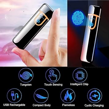 Electronic USB Rechargeable Lighter - Mini Creative Touchscreen LED Power Display Windproof Flameless With Charging Cable, Mute for Boyfriends Father (Red-A)