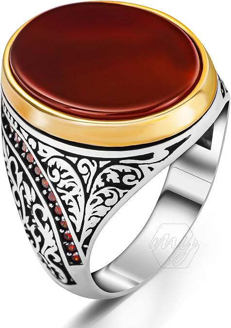 925 Sterling Silver Oval Flat Agate Stone Turkish Style Men's Ring