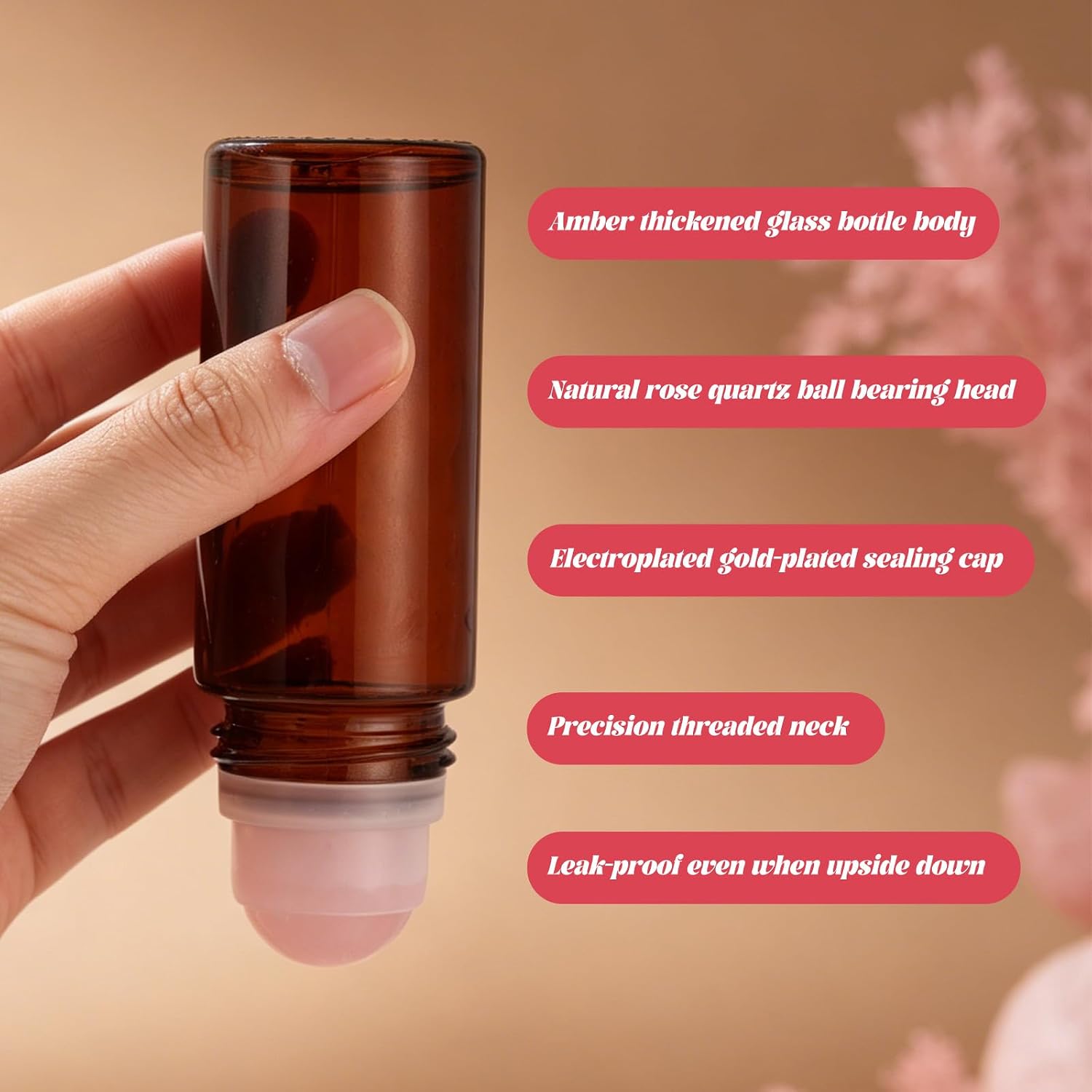 2pcs Rose Quartz Roller Bottles for Essential Oils, 50ml Refillable Amber Glass Roll On Bottles with Crystal Roller Applicator & Gold Cap Leak-Proof Empty Containers for Travel Perfume Beauty