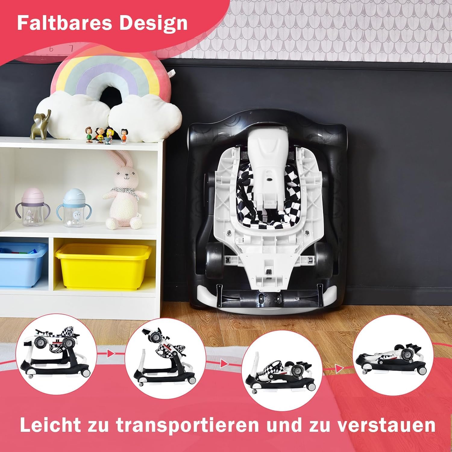 FANTASK Wózek do nauki chodzenia z oświetleniem i kółkami, składany wózek do nauki chodzenia z regulowaną wysokością i prędkością, 4 w 1 Baby Walker w kształcie samochodu, z pozytywką do 15 kg, bez
