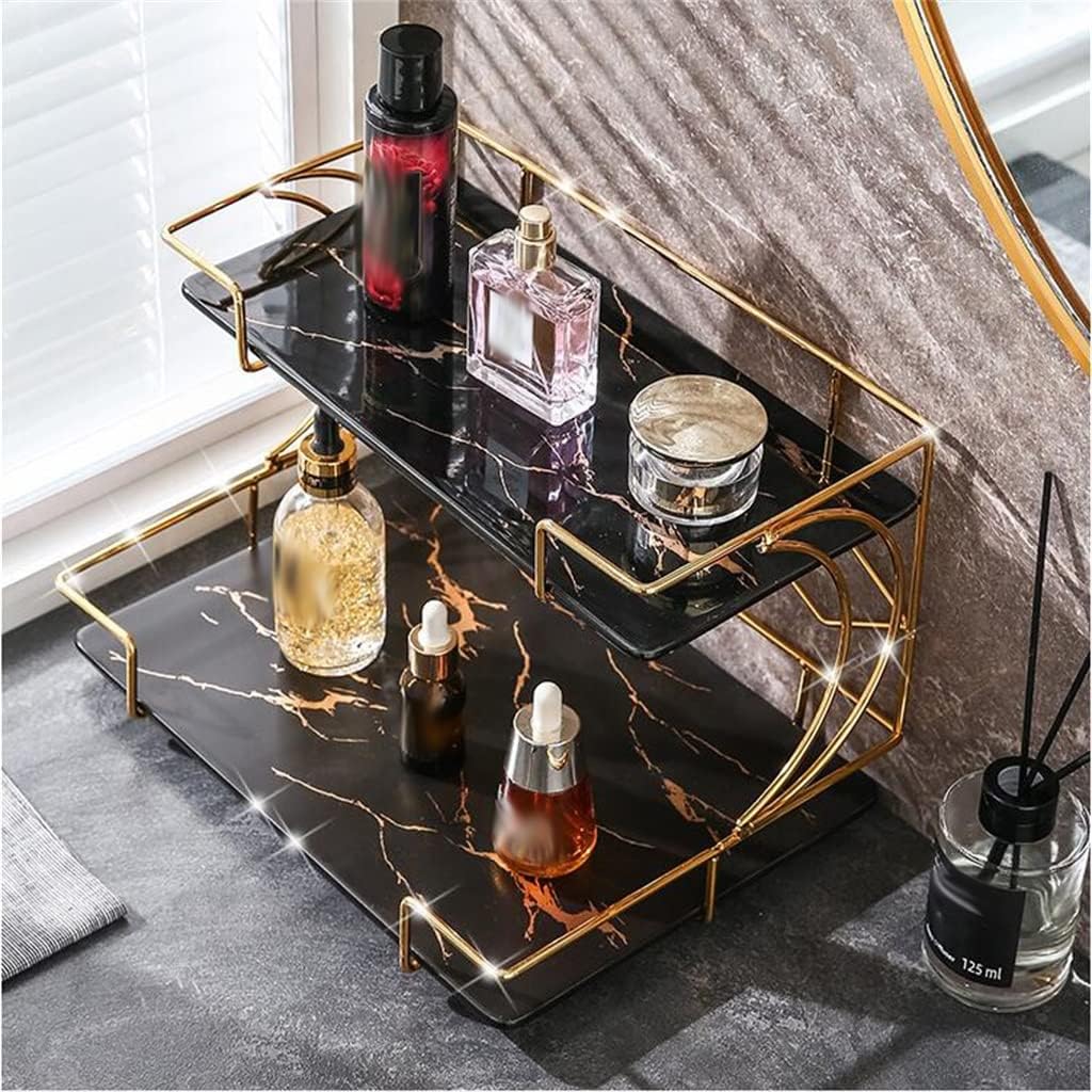 Bathroom Countertop Stainless Steel Wash Costic Rack Beauty Makeup Storage Rack Placent Tray (Color : E, Size : Double Layer) (Black Double layer)