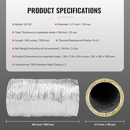 Miniatura 10 de Conducto flexible aislado de 6 pulgadas R-4.2, 25 pies de largo con 2 abrazaderas de conducto, manguera de conductos de aire de protección de tres