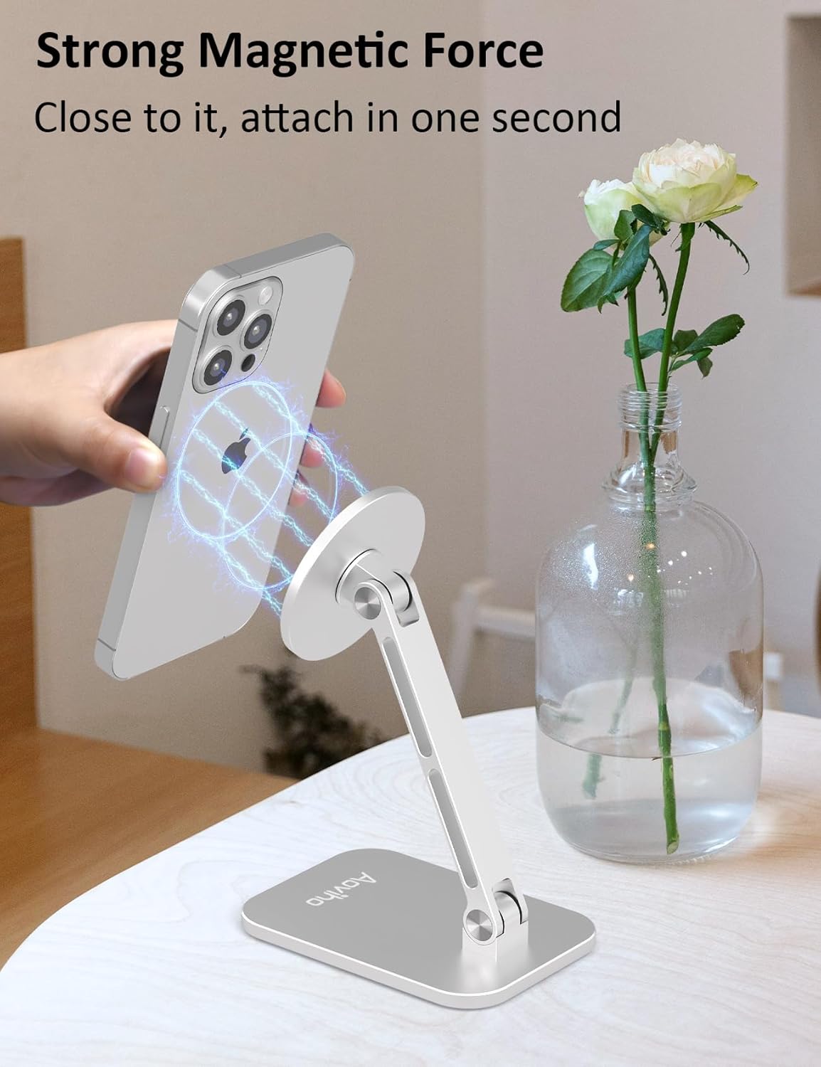 Magnetic Phone Stand for MagSafe Adjustable - Aluminum Portable Phone Holder for Desk with 360° Rotating Head Compatible with iPhone 16/15/14/13/12 Pro Max and Magnetic Phone Case, Silver - Image 2