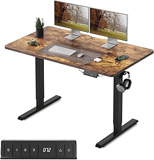 FEZIBO Bureau Électrique Réglable en Hauteur avec Ports de Charge USB-A et USB-C, 100 × 60 cm, Bureau Assis Debout, Ergonomique pour Télétravail, Marron