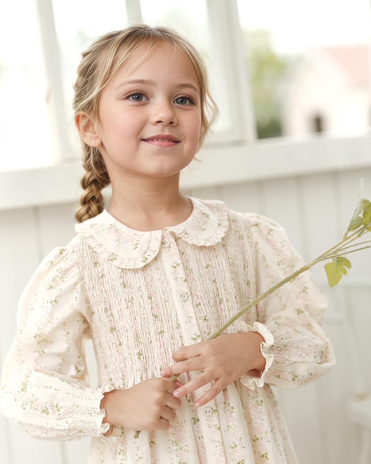 Twoflower Toddler Girls Dress Smocked Dresses|Floral Print Long Sleeve Dress with Peter Pan Collar | Casual Ruffle Dresses - Image 3