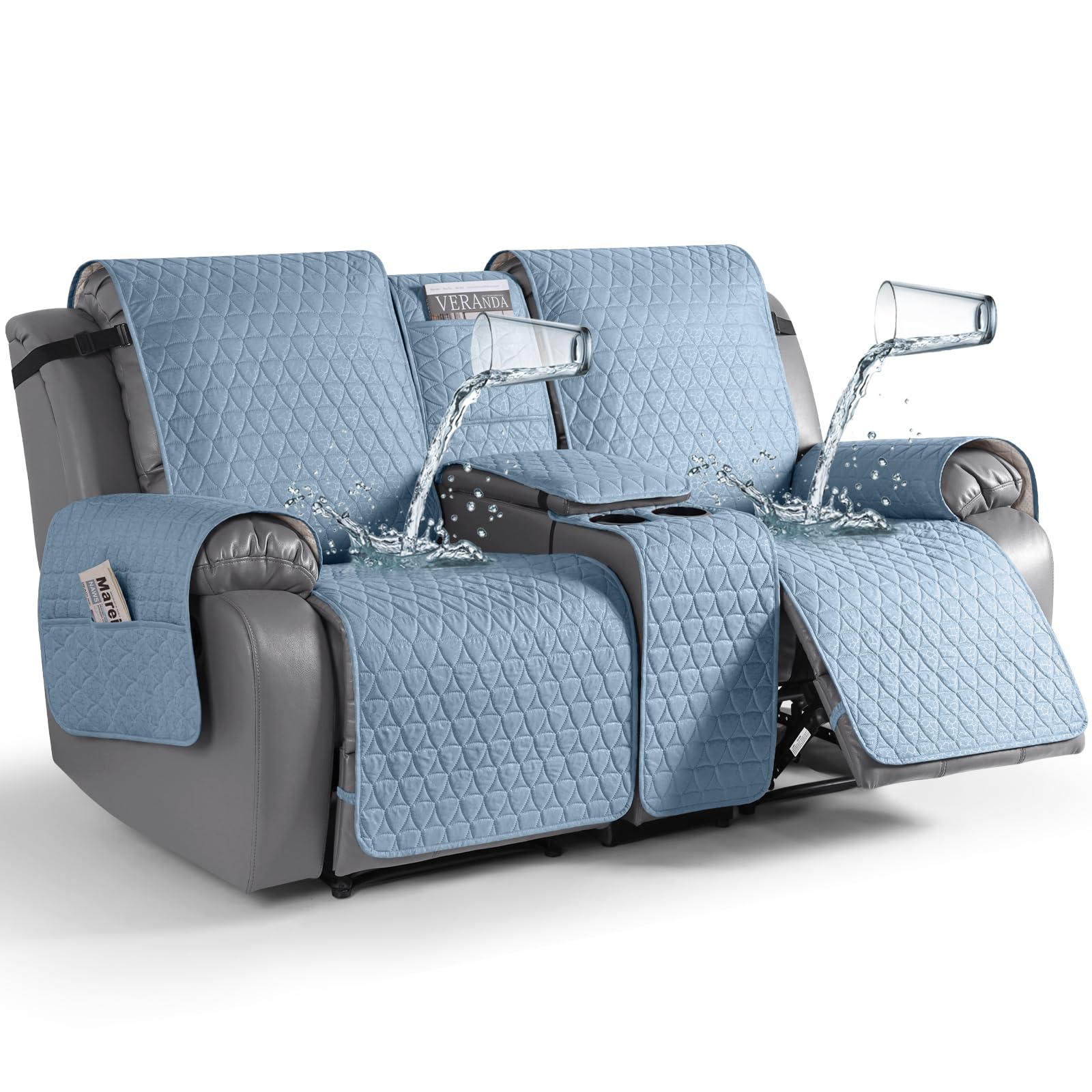 TAOCOCO 100% Waterproof Loveseat Recliner Covers with Console, Non Slip Recliner Covers that Stay in Place, Split Seat Design Washable Reclining Loveseat Cover with Elastic Straps, Sky Blue