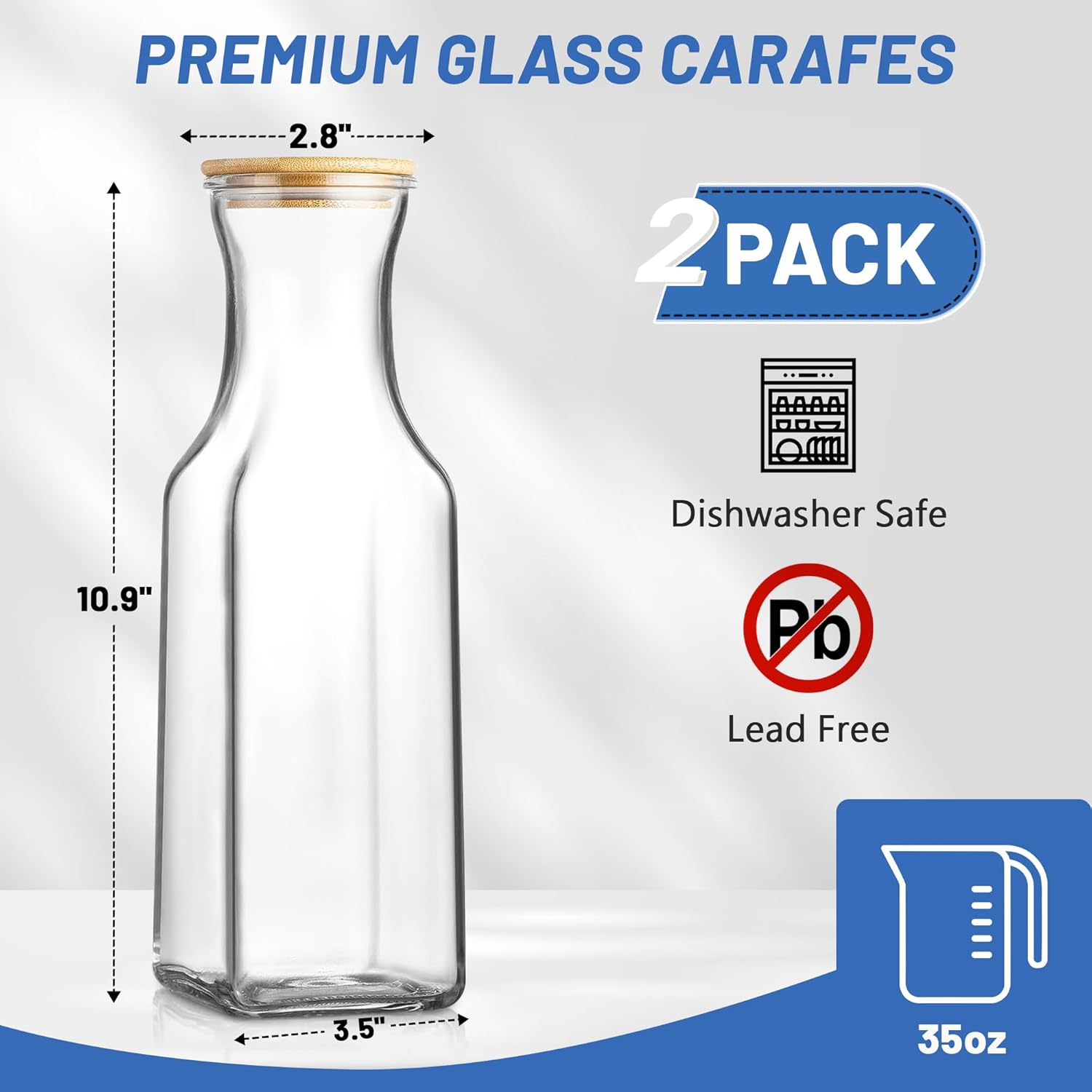 35 Oz Square Glass Carafe with Bamboo Lid, Beverage Dispensers,Mimosa Bar Supplies,Clear Glass Pitcher with Name Labels for Iced Tea,Coffee,Juice(Pack of 2) - Image 2