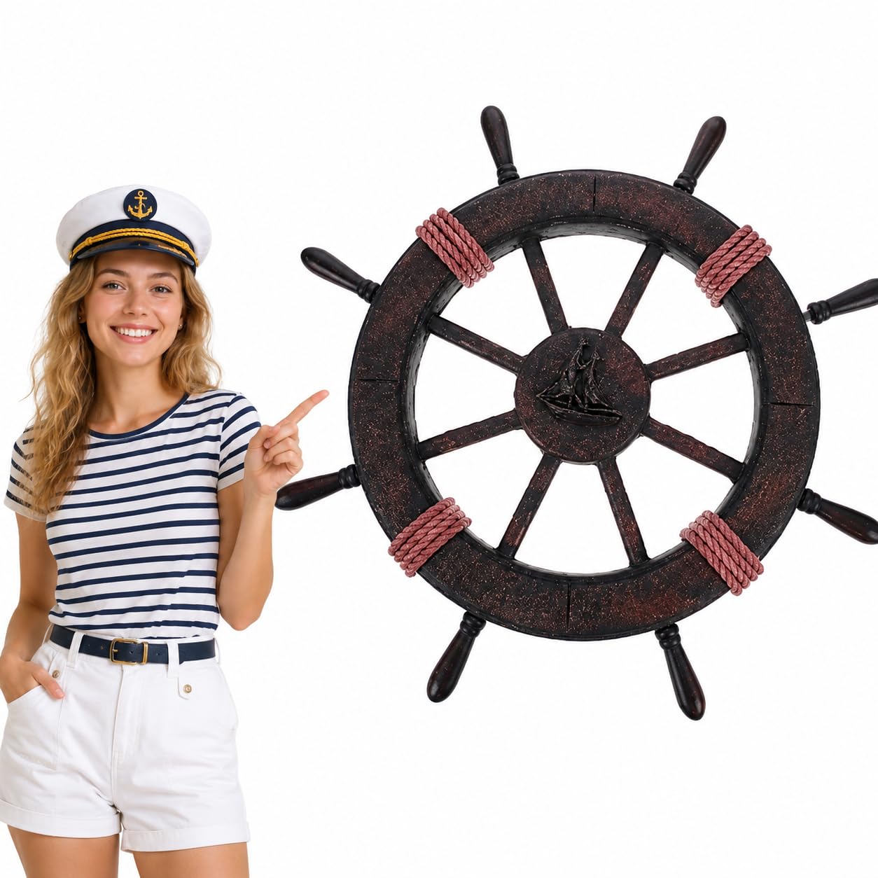 Beavorty Nautical Wall Art Ship Wheel - Wooden Rudder Decoration, 45cm Vintage Boat Hanging Ornament, Mediterranean Style Seaside Garden Decor Craft, Distressed Sailing Theme Wood