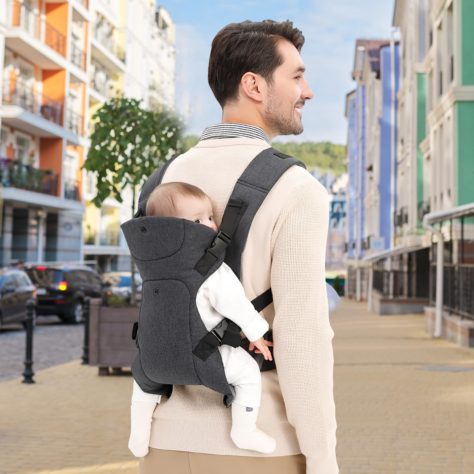 Babytrage, Baby Carrier for Newborns Trage Baby Ergonomische für Kleinkinder Tragetuch Baby Neugeborene mit verstellbarem Hüftgurt Schulterriemen Vorne und Hinten Tragen für 1-36 Monate (Grau)