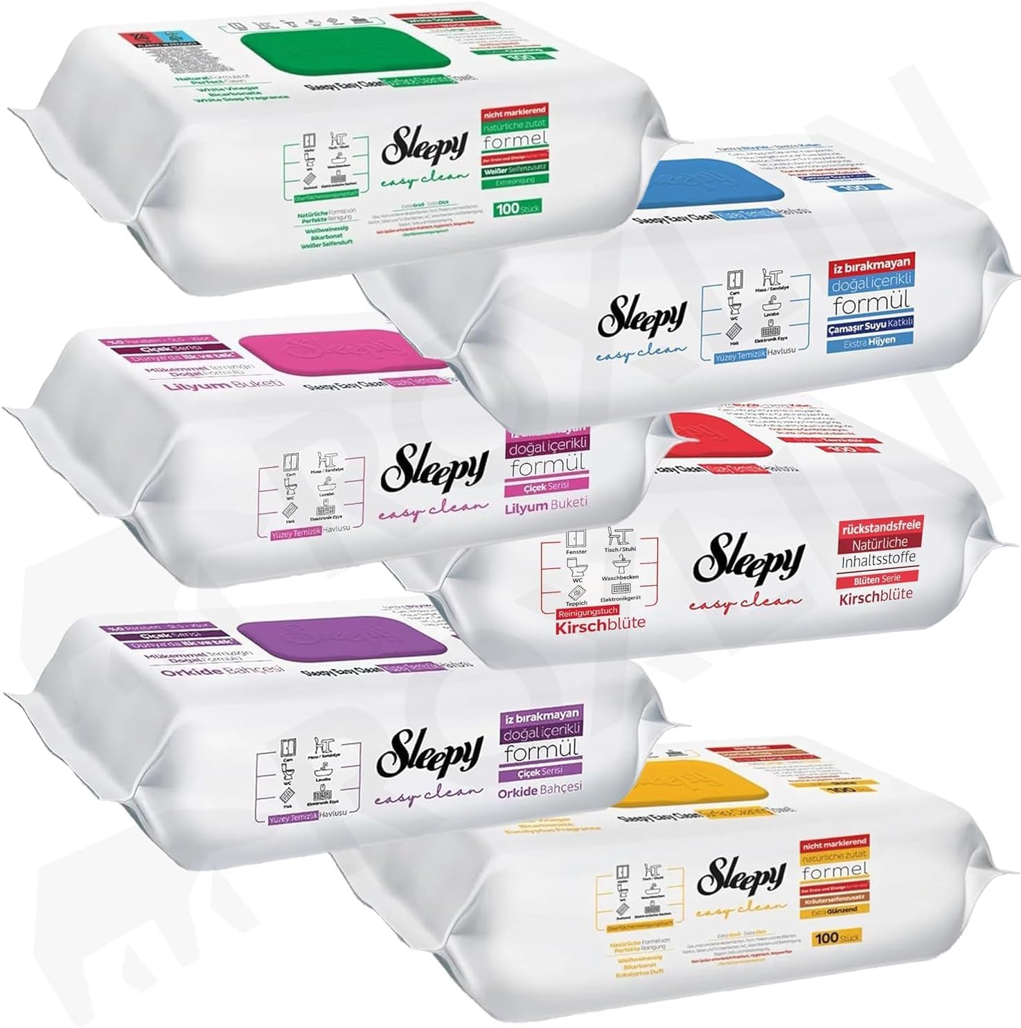 Sleepy Feuchttücher – 6 x 100 Reinigungstücher. Vielseitig einsetzbar (Grün, Blau, Gelb, Kirschblüte, Lilienstrauß, Orchideengarten) – Reinigungstücher für alle Oberflächen in Küche und Bad.