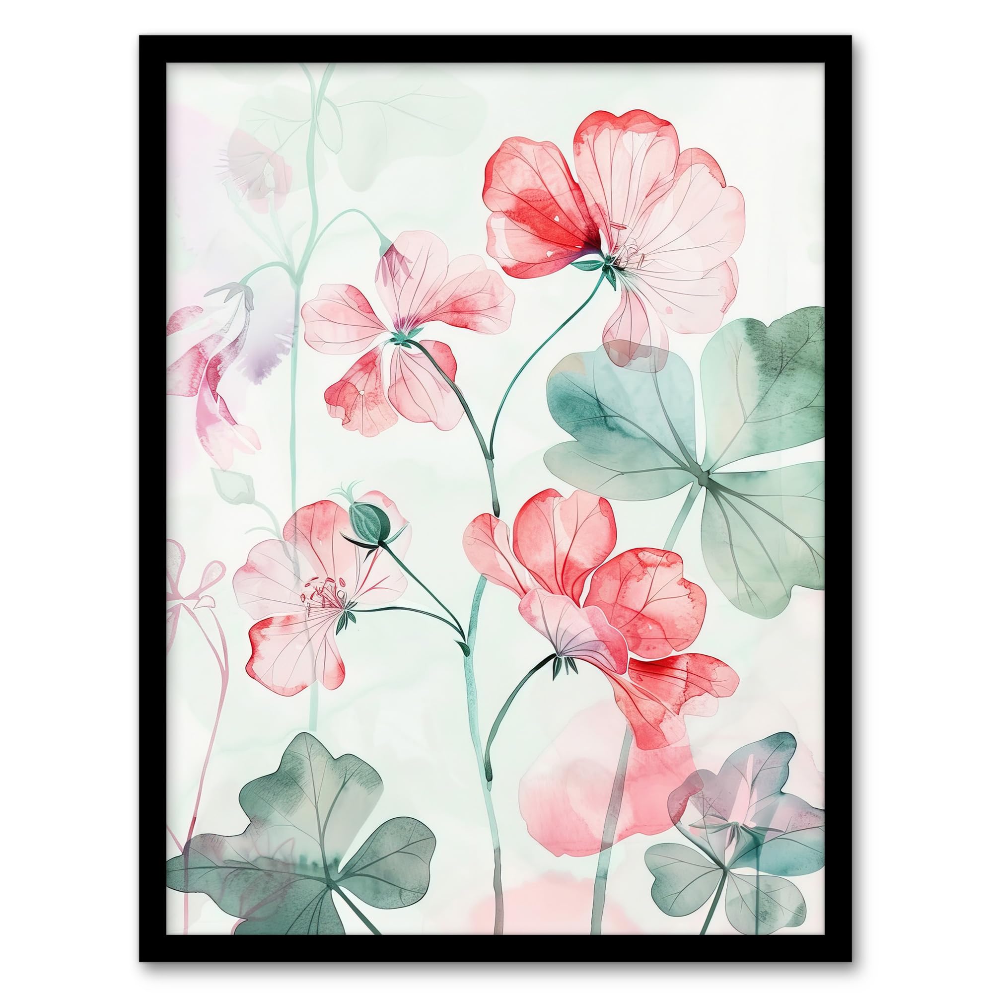 Artery8 Red Pastel Geranium Flowers Modern Watercolour Living Room Artwork Framed Wall Art Print 18X24 Inch