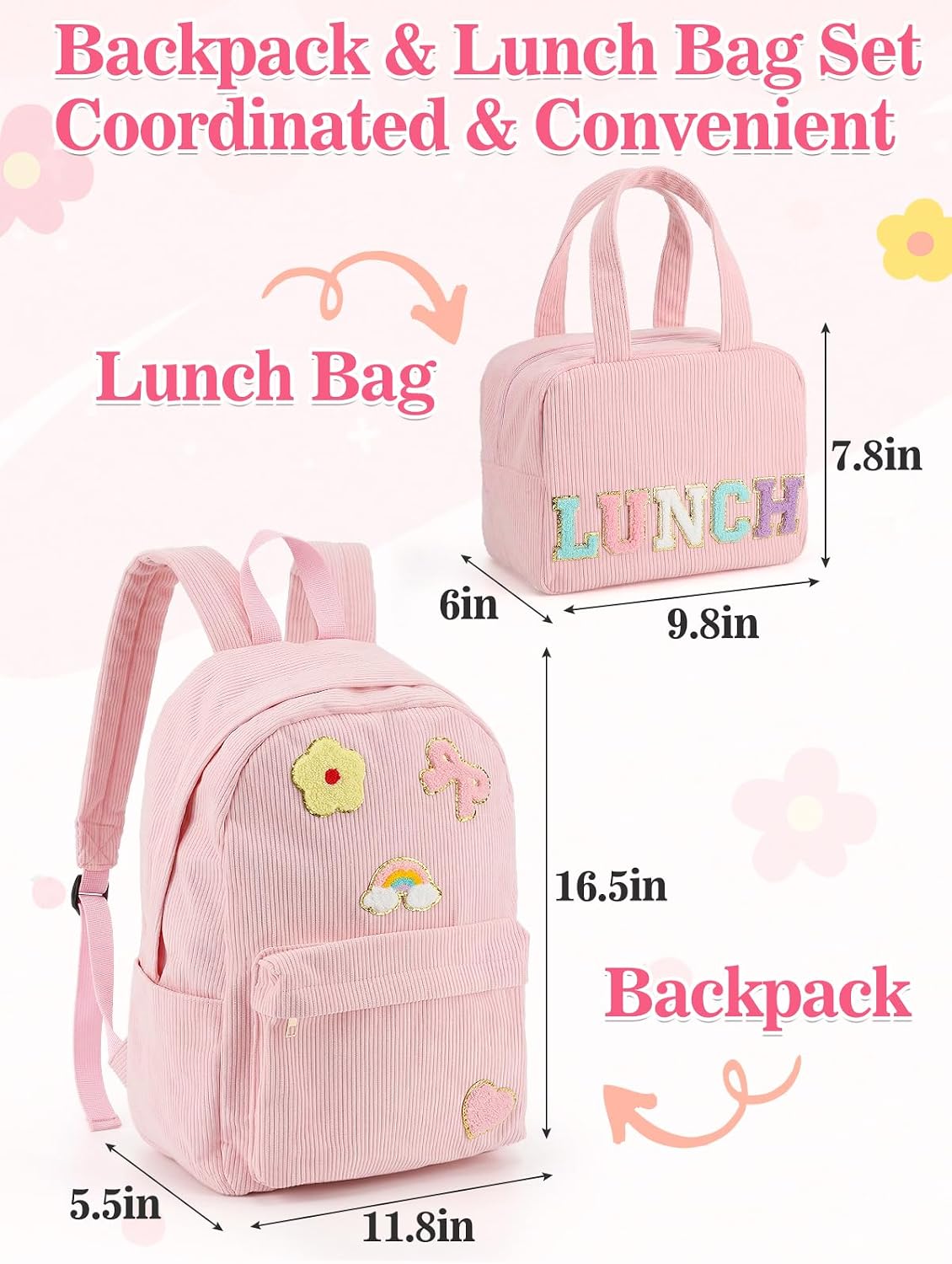 2pcs, Corduroy Preppy Backpack Set for Girls, with Insulated Lunch Bag image 5