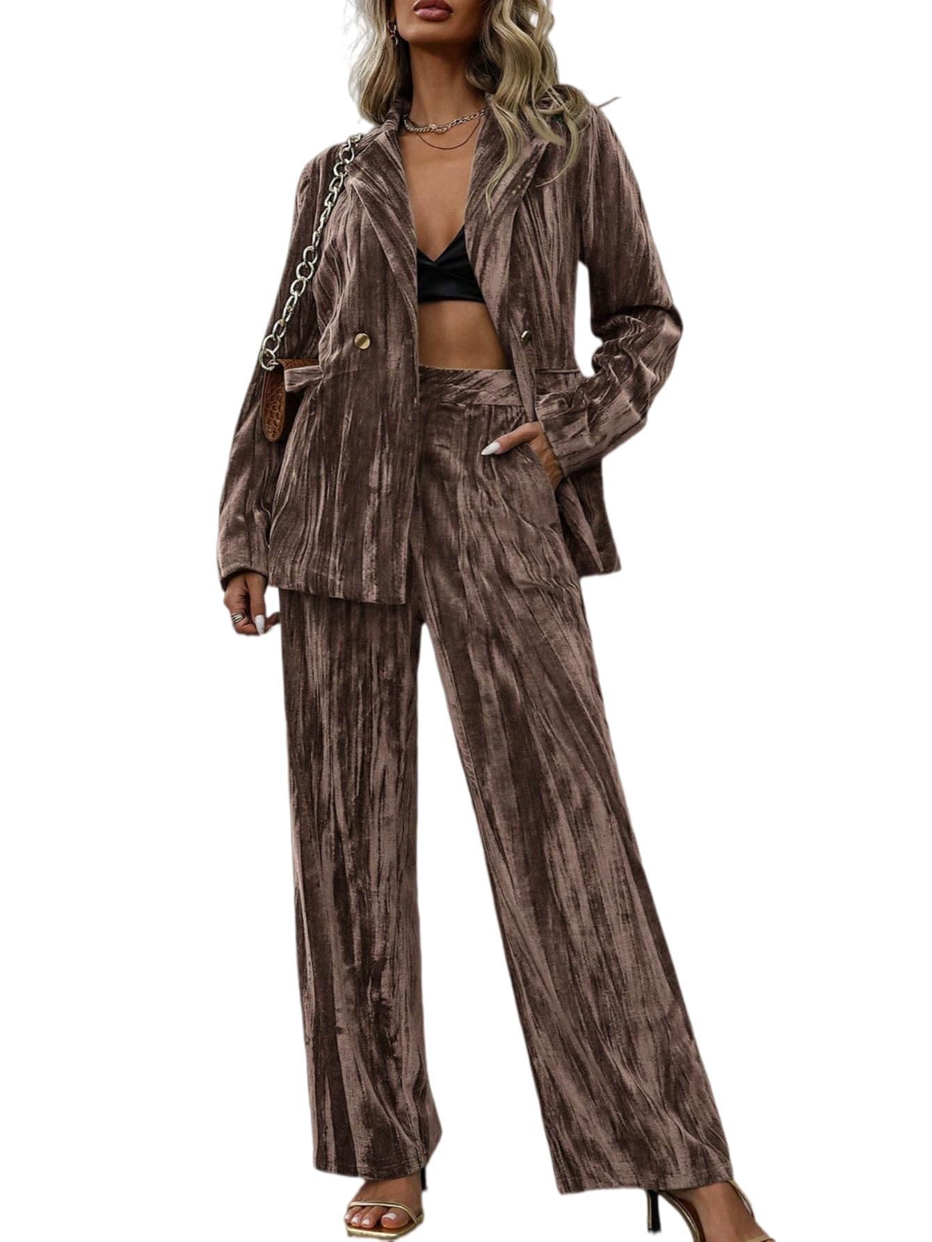 Completo Da Donna Composto Da Due Pezzi: Blazer In Velluto Blazer Vintage In Velluto Stropicciato E Pantaloni A Gamba Larga Elegante Completo Da Sera Da Lavoro O Per Feste.