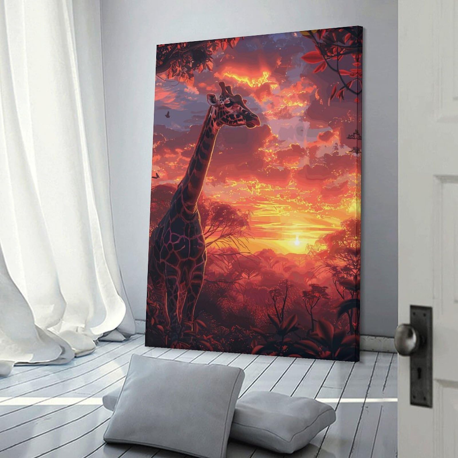 Junmoney Giraffe Savanna Sunset Home Decor Wall Art 24x36inch(60x90cm), for Small Homes, Bedrooms Or Open Spaces, An Easy Choice for New Home Styling