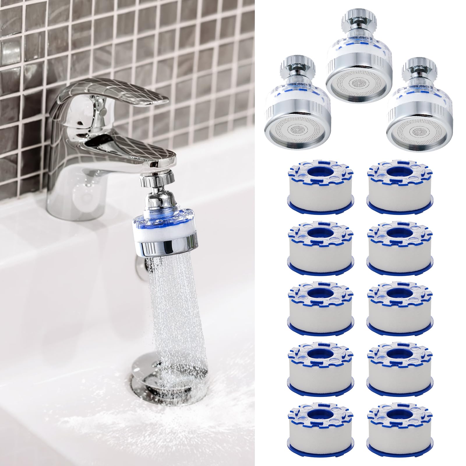 Photo 1 of 3 Pack Sink Water Filter Faucet and 10 Filter Elements Set, 360 ° Rotating Bathroom Sink Filter, Kitchen Sink Faucet Filter Removes Fluoride Hard Water, Faucet Extender for Home Kitchen Bathroom