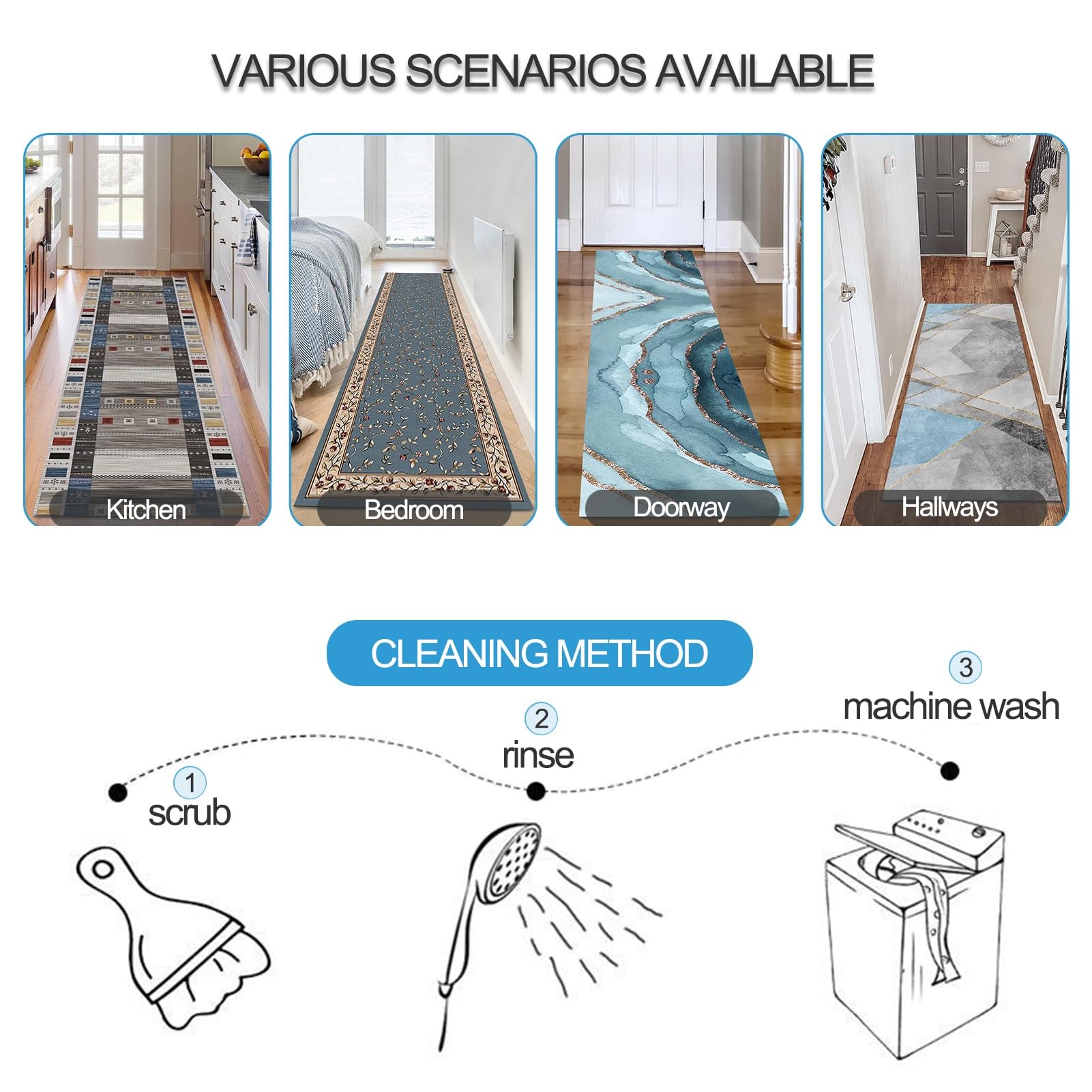 Tappeto lavabile per corridoio e cucina, resistente, antiscivolo, in cotone, extra lungo, 60 x 250 cm, tappeto da ingresso perfetto per bagno e lavanderia