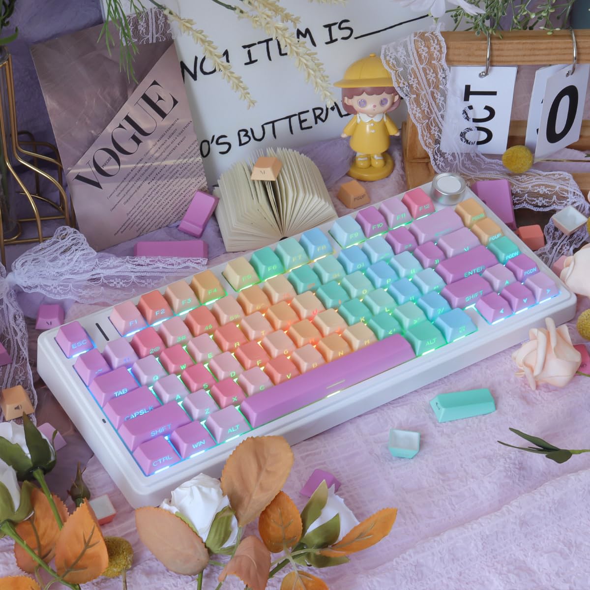 Tsungup Lot de 131 touches en PBT imprimées sur le côté - Motif arc-en-ciel mignon - Pour clavier mécanique Cherry MX