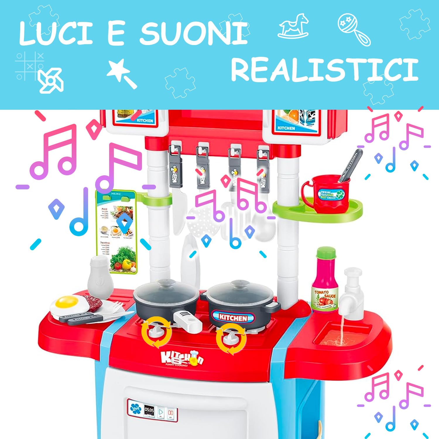 Cucina Giocattolo Per Bambini Con Luci E Suoni Realistici 18 Accessori Rubinetto Con Sistema Di Riciclo Dell'Acqua E Forno Apribile Set Cucina Educativo Per Bambini Dai 3–8 Anni (Blu)