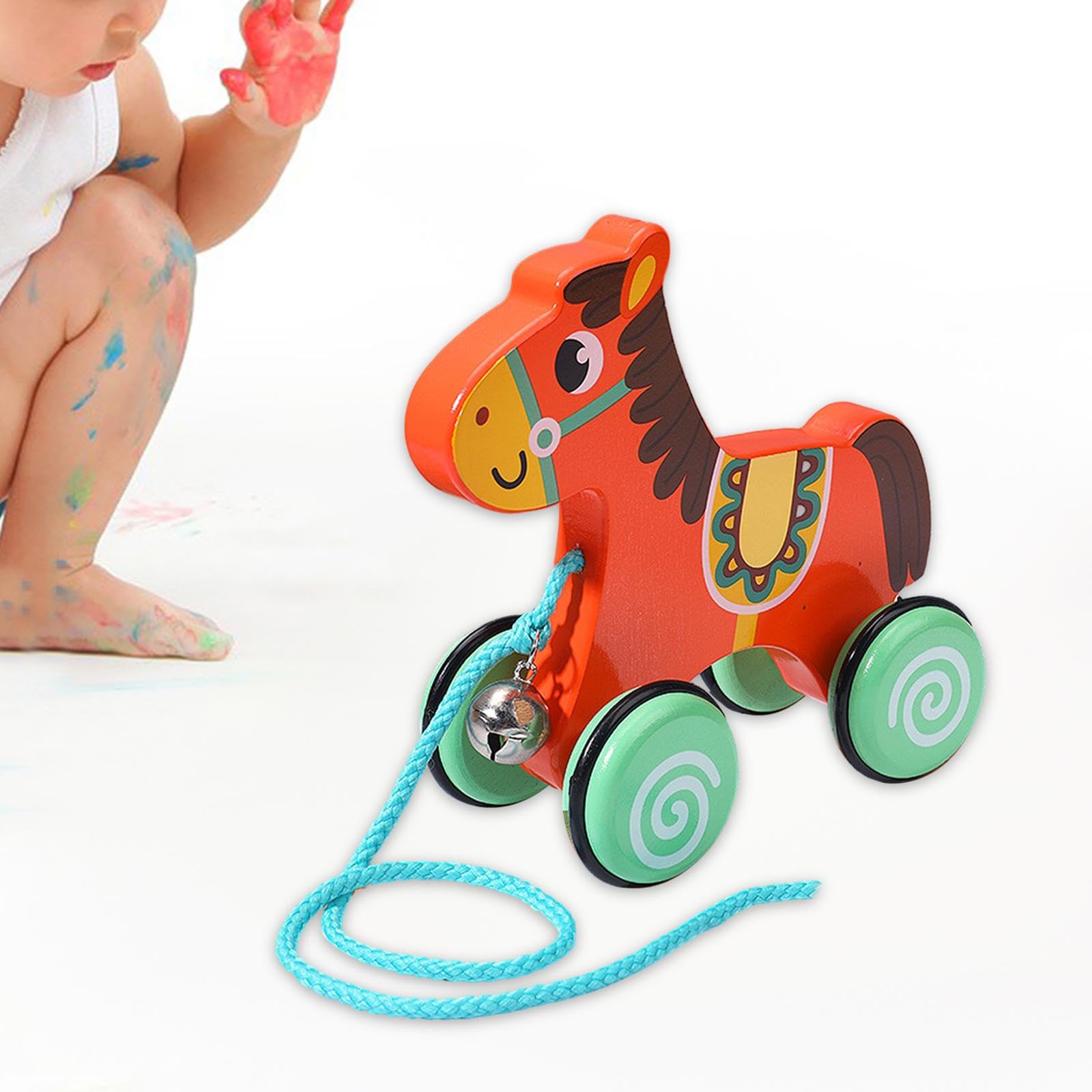Gralara Holz Spielzeug Schiebe Und Ziehspielzeug Lauflernwagen für Kinder Ab 1 Jahr mit Gummiringen Und Glöckchen für Motorische Entwicklung Aktiv, Pferd