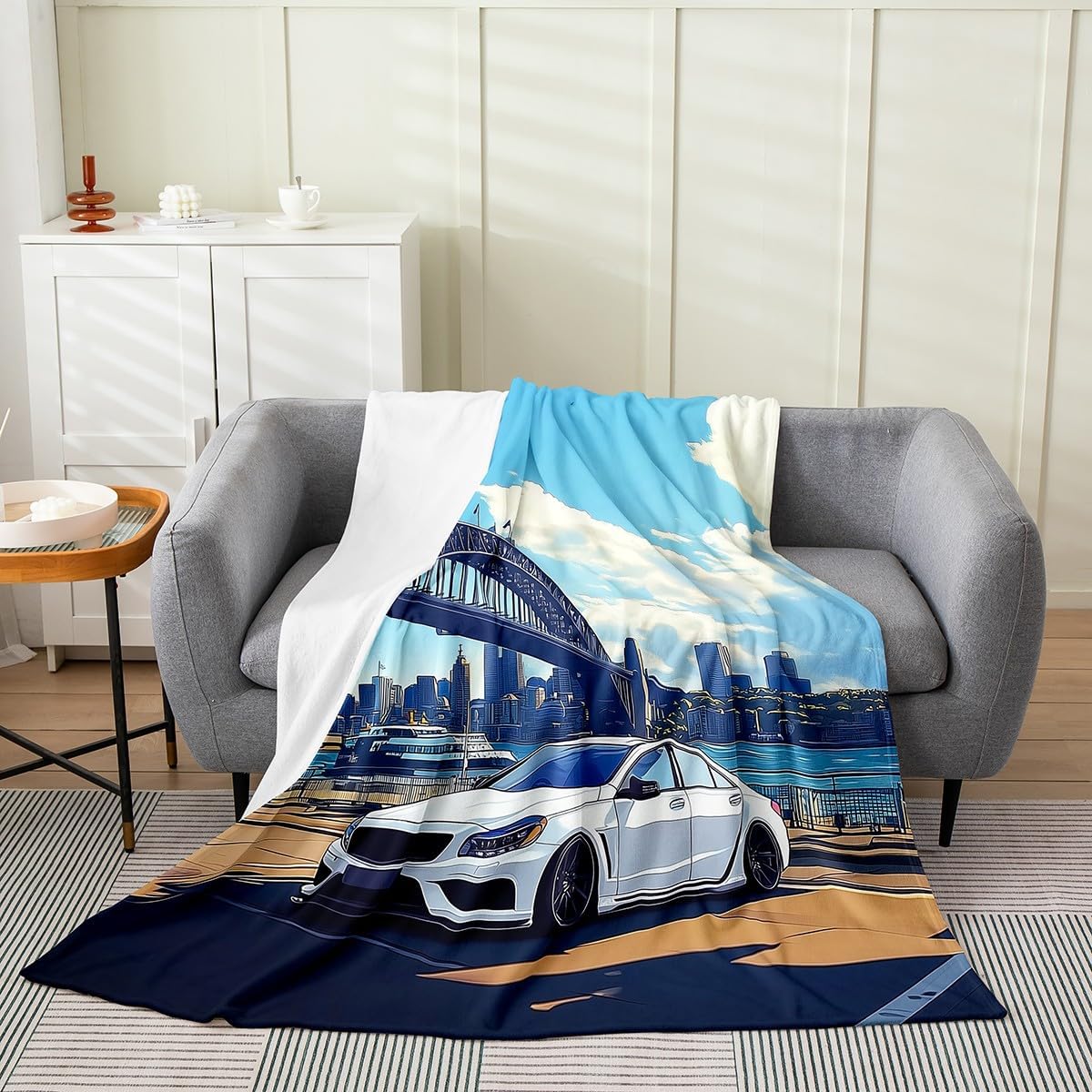 Race Car Kids Flannel Blanket,Modern High Building Bridge Bed Blanket for Boys Girls,Extreme Speed Sports Games Fashion Fleece Blanket,Blue White Fuzzy Blanket,Queen Size (90 x 90 Inches)