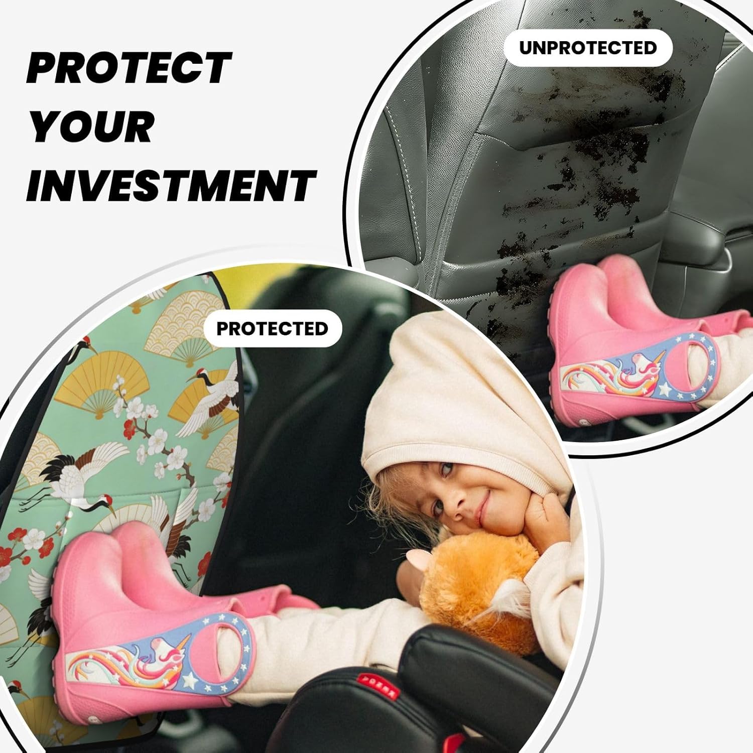 Crane Cherry Blossom Print Car Seat Back Kick Protector 2 Pack, 18.5x26.4 Inch Anti-Kick Pad, Waterproof Oxford Fabric Large Rear Seat Cover for Kids Pets Fits SUV Jeep Truck Sedan