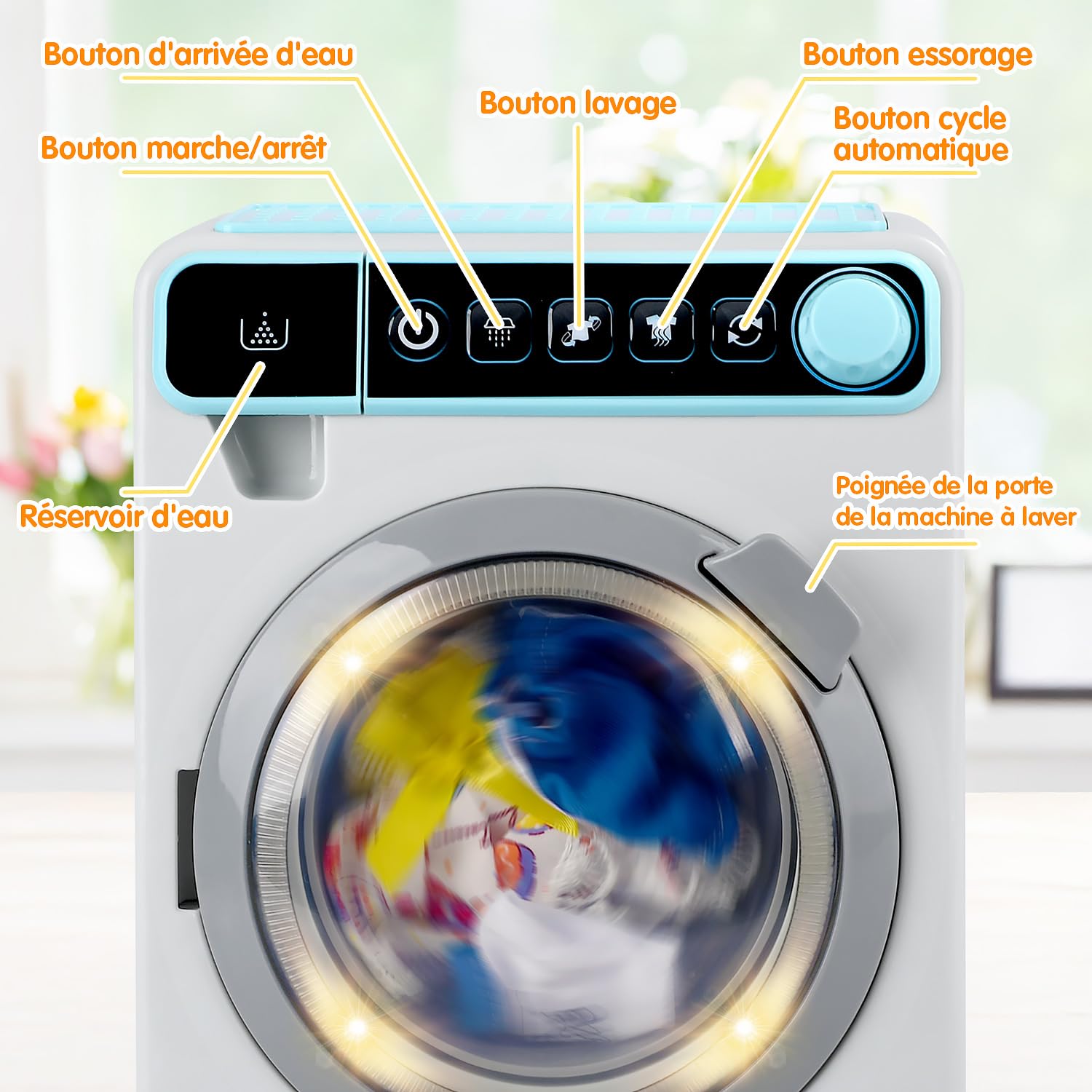 Play Machine A Laver Enfant, Électroniques Machine À Laver Jouet avec Sons Réalistes, Vêtements, paniers à Linge et Accessoires de Nettoyage, Jouet Menage Enfant pour Enfant 3-12 Ans