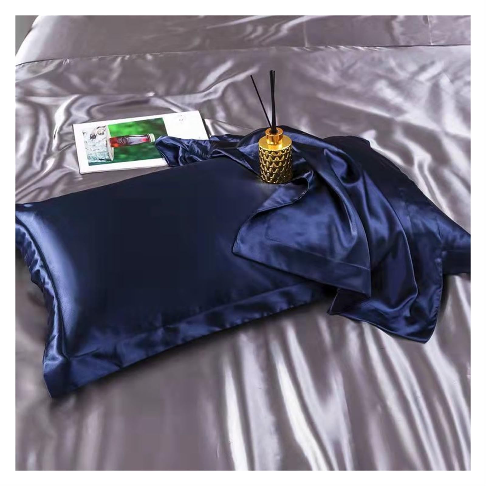 Funda de Almohada de Seda Funda de Almohada Belleza Piel Seda, Funda satén y Dos Caras, Cama 48x74cm para Mujeres y Hombres(Dark Blue)