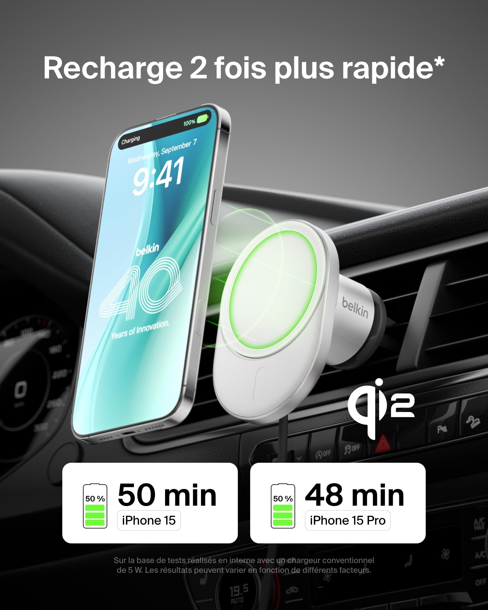 Belkin BoostCharge Pro Chargeur de Voiture Magnétique sans Fil avec Qi2 (15W), Chargeur Compatible MagSafe pour Tous Les modèles de l'iPhone 17, iPhone Air, Câble USB-C et Adaptateur 20W Inclus