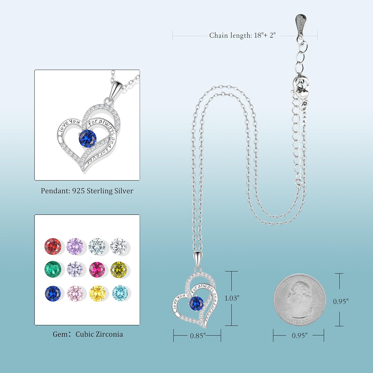 Birthday Gifts Double Heart Birthstone Necklace for Women, S925 Sterling Silver Pendant Necklace Jewelry for Her Mother Mom Wife Girlfriend - Image 2