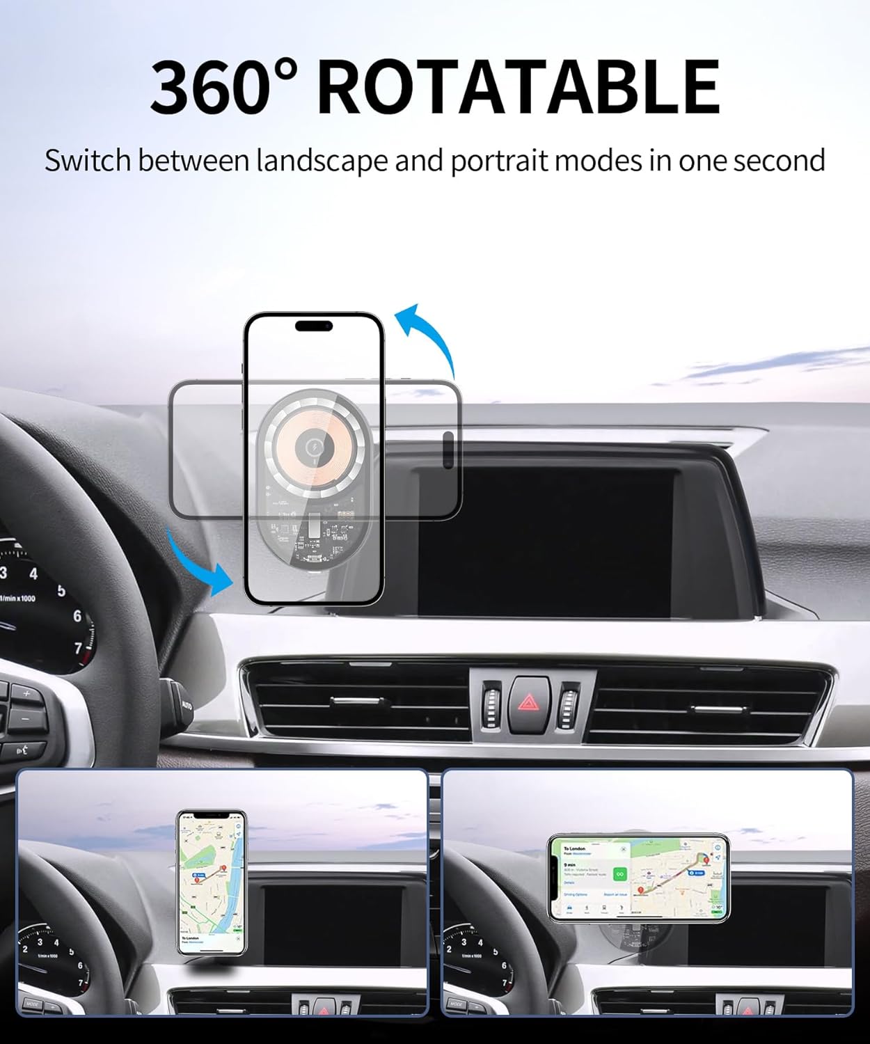 Wireless Charging car Phone Holder for BMW X1 2016-2019/BMW X2 2018-2019 Accessories 6.5-inch Screen Fixed Clip,360° Rotation car Phone Mount Compatible with MagSafe