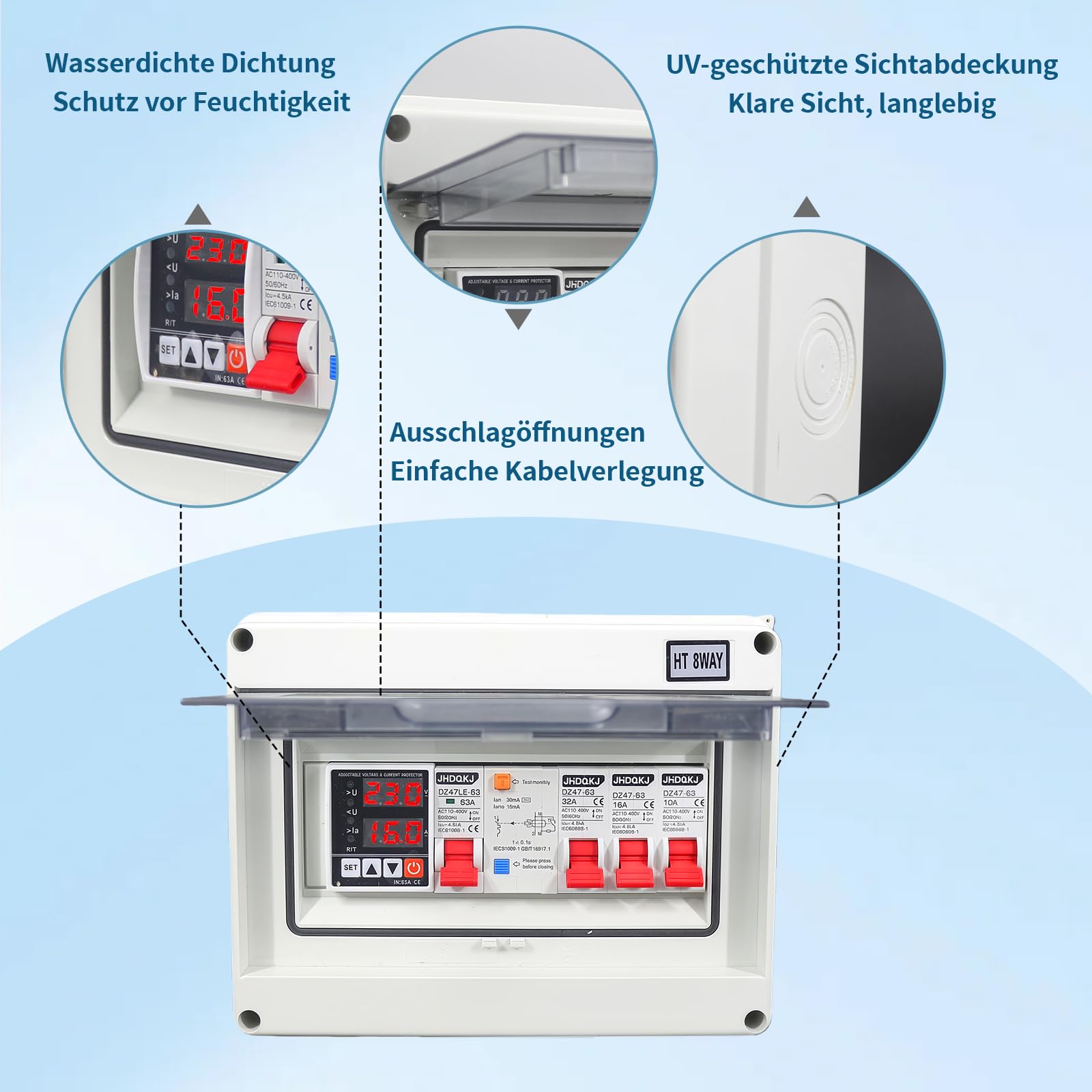 Quadro elettrico a parete, con interruttore differenziale e protezione contro sovratensioni, 32A, 16A, 10A interruttori AC, IP65 distributore di corrente per officina, garage, camper