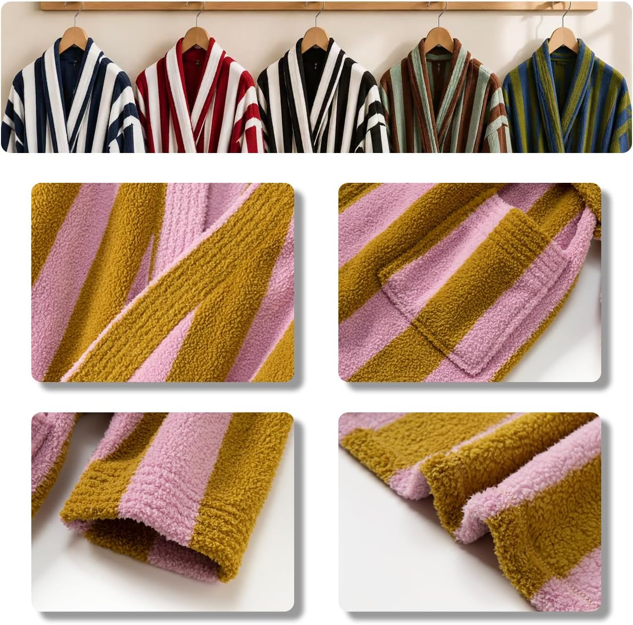 Women's Striped Plush Robe Long Soft Fluffy Bathrobe