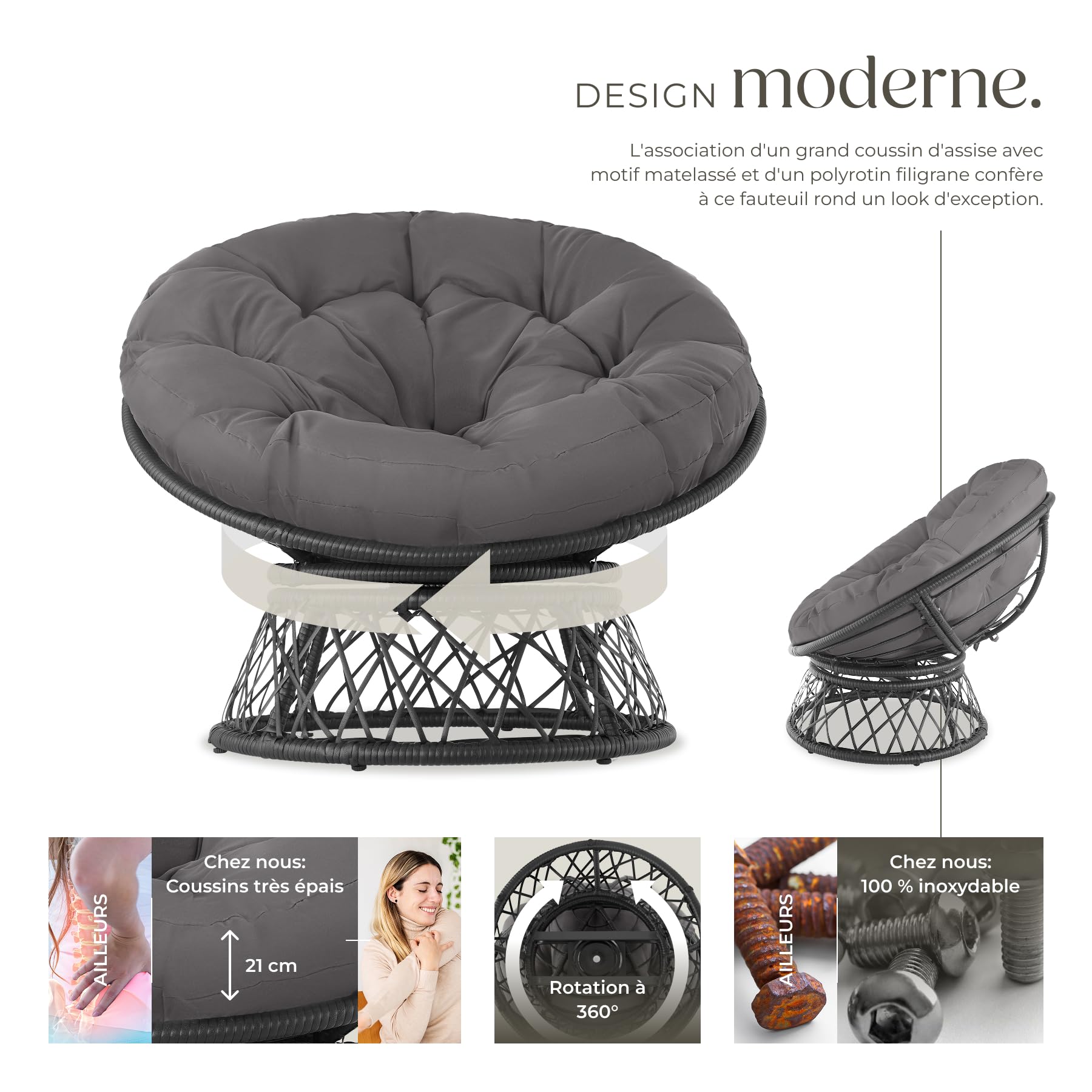 tectake® Fauteuil Papasan en Rotin Chaise Relax Ronde Résine Tressée 1 Place Pivotant à 360°, Coussin Épais Grand Confort Inclus, Mobilier de Jardin pour Amenagement Balcon Terrasse Salon de Jardin