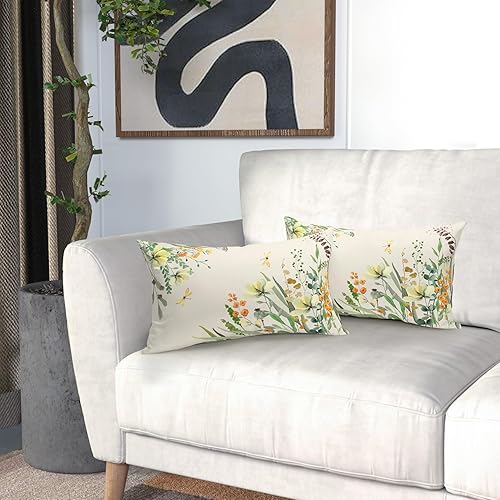 Miniatura 6 de Juego de 2 fundas de almohada lumbares de 12 x 20 pulgadas para primavera y verano, con diseño de hojas amarillas, hojas y mariposas, fundas de