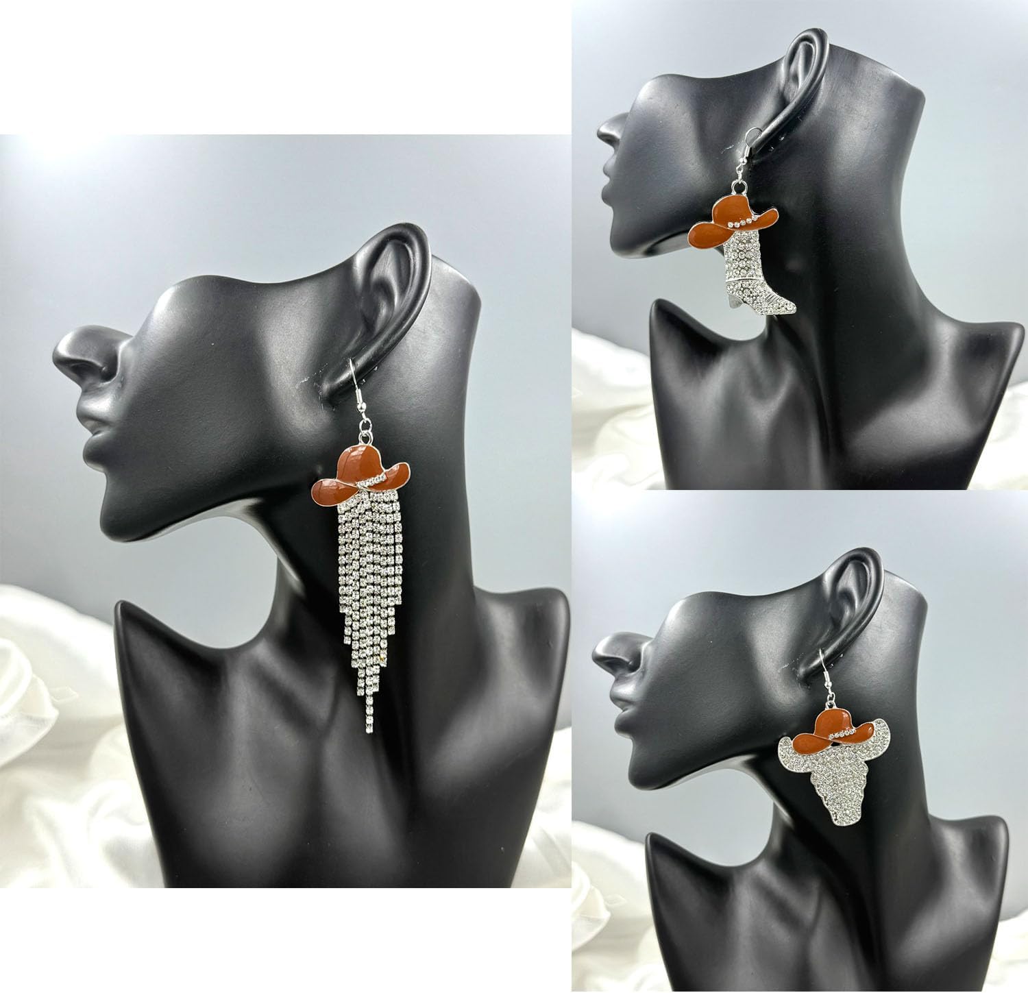 3 Pairs Enamel Cowboy Hat Cow Bull Head Boot Dangle Earrings for Women Sparkly Rhinestone Tassel Cowgirl Western Earrings Set for Women Country Concert Rodeo Cowboy Party Jewelry - Image 3