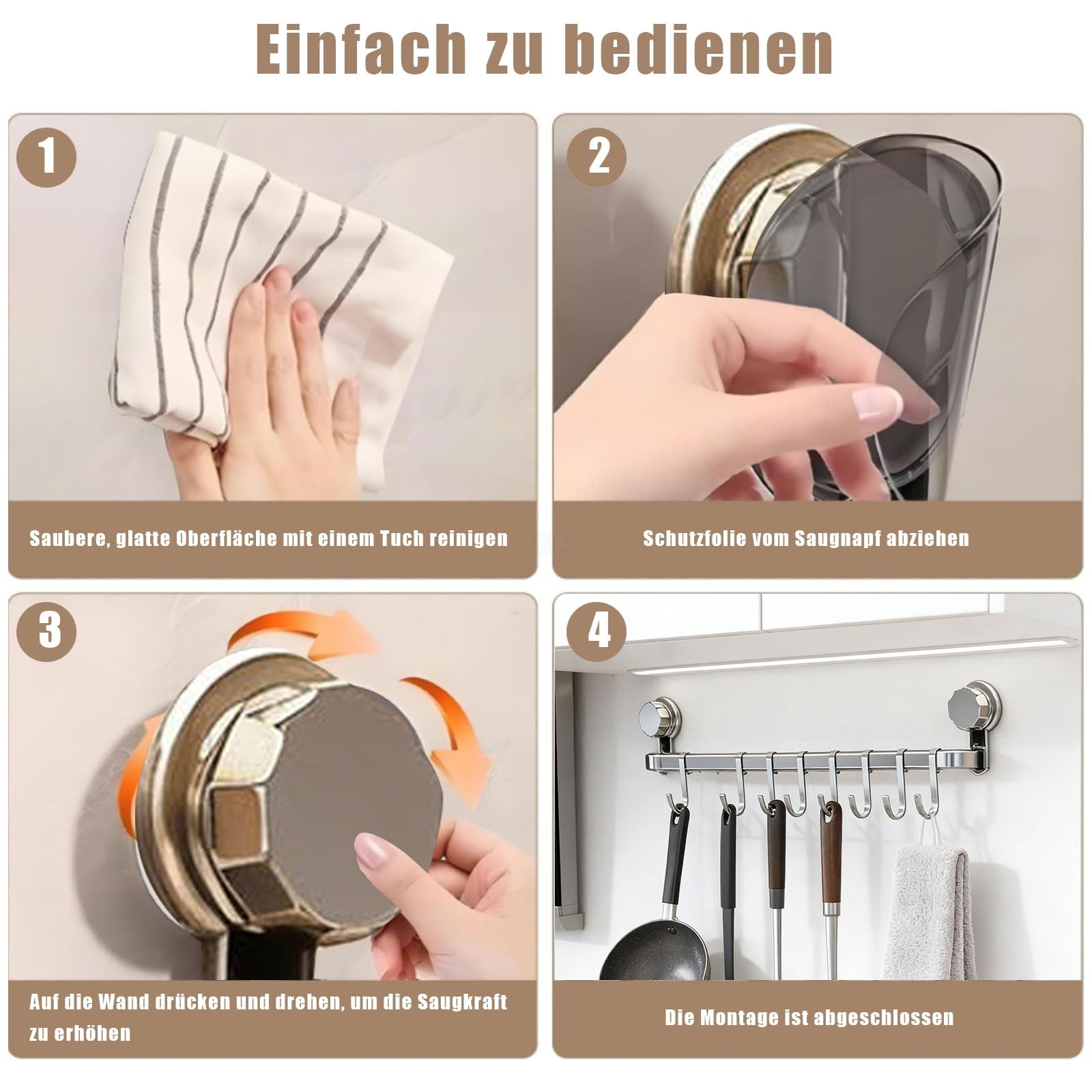 Küchenstange,Hakenleiste Küche ohne Bohren mit 8 Haken,Küchenutensilienhalter Saugnapf Montage,45 cm lang,Halter für Küchenutensilien,Selbstklebend Abnehmbarer Haken für Küche, Bad, Zimmer (Grau)