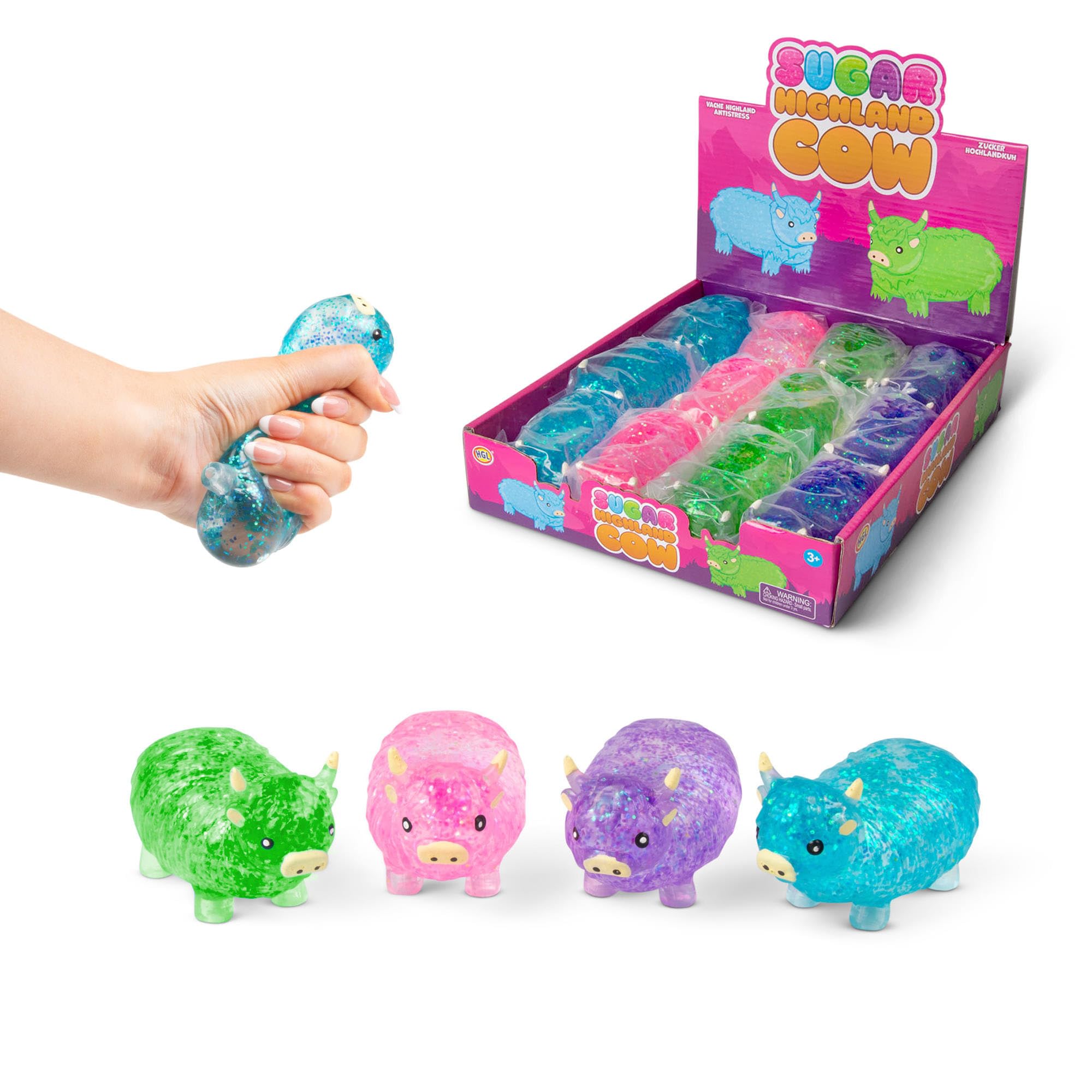 Sugar Highland Cow Squeeze Toy, Squishy Stress Relief Sensory Play Collectible, 4 Colours - Blue, Pink, Green, Purple, One Supplied, For Ages 3+, Medium