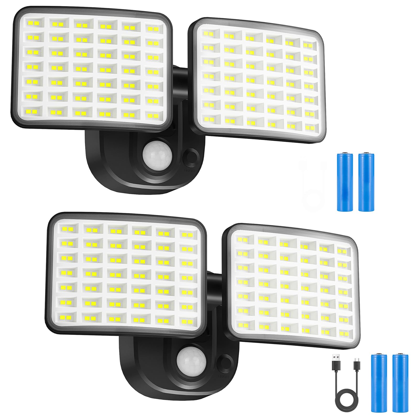 Lot de 2 lampes d'extérieur rechargeables avec détecteur de mouvement - Fonctionne sur piles (1 à 3 mois d'autonomie) - Projecteur LED avec détecteur de mouvement - Rechargeable par USB - Pour