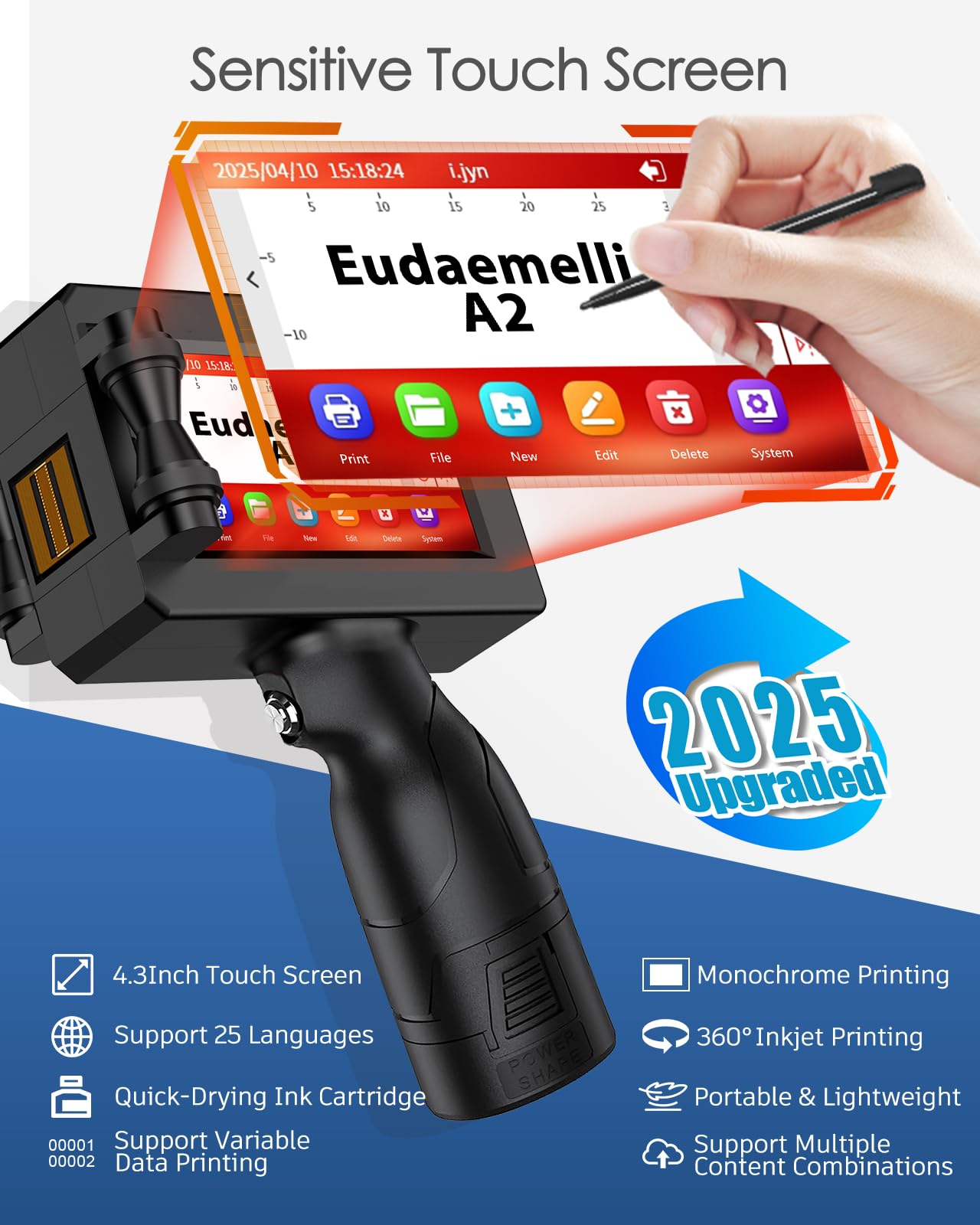 A2 Impresora de Mano Portátil, Impresora Portátil de Inyección con 42ML Cartucho de Tinta de Secado Rápido,Pulgadas para Texto QRCode/Código de barras/Número/Image（Altura impresión: 2-25,4 mm）