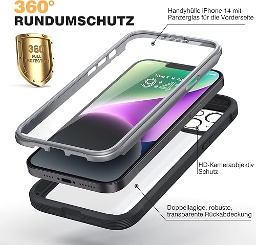 Miniatura 4 de Diaclara Diseñada para iPhone 14, funda resistente de cuerpo completo con protector de pantalla integrado sensible al tacto y antiarañazos, con
