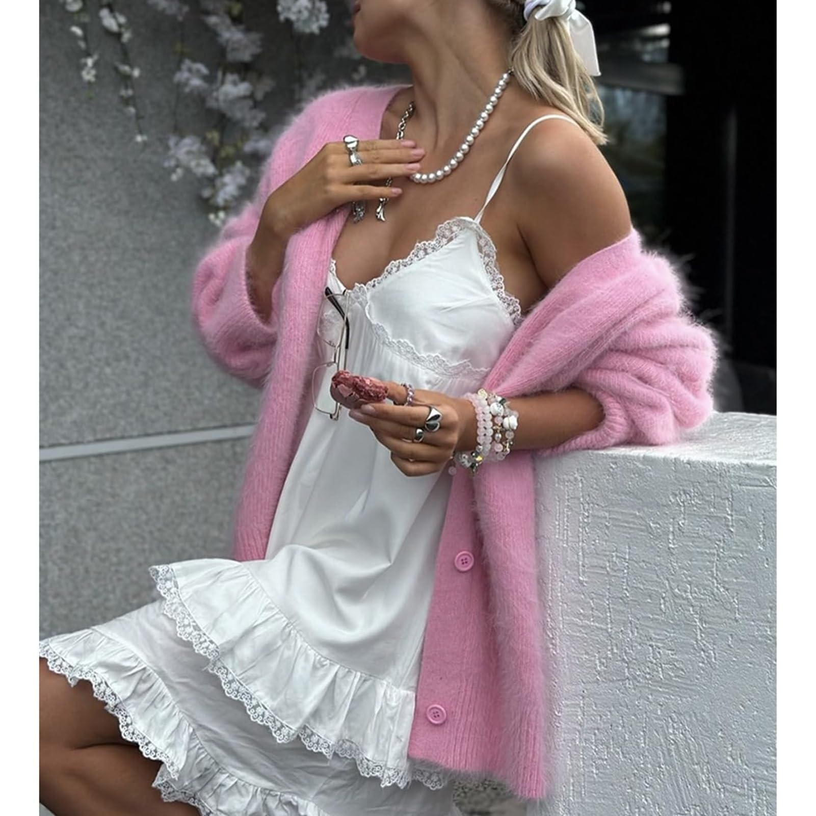 Cárdigan de Mohair Suave para Mujer Abierto por Delante Cuello en V con Botones Manga Larga Suéter Suelto con Hombros Caídos